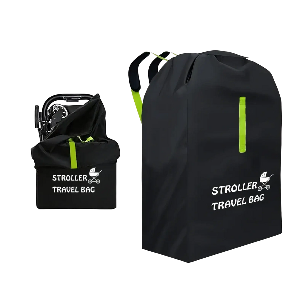 Black stroller travel bag with neon green accents and white logo waterproof xl foldable for easy transport