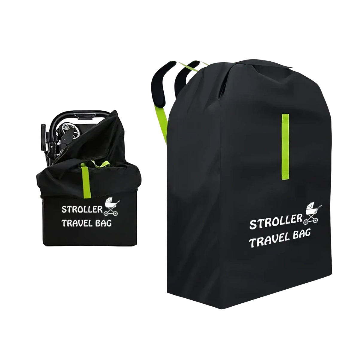 Black stroller travel bag with neon green accents and white logo waterproof xl foldable for easy transport