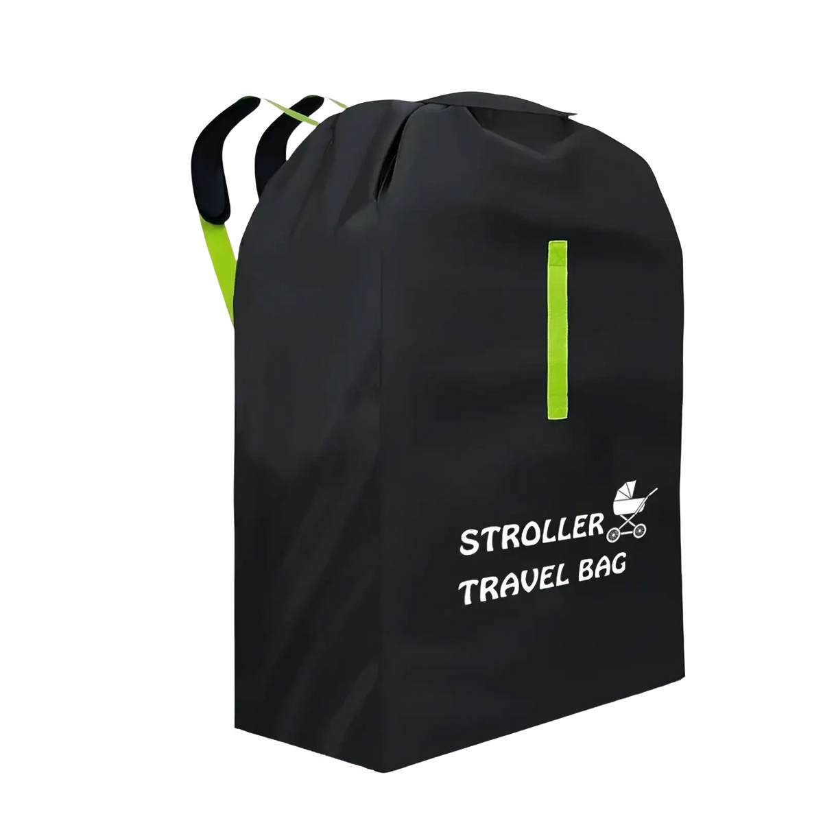 Black waterproof xl foldable baby stroller travel bag with neon green straps and vertical reflective strip showing back side
