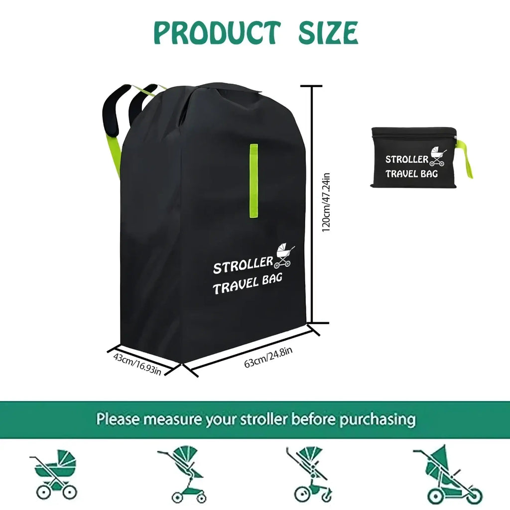 Black waterproof baby stroller travel bag xl foldable with neon green zipper pull and white baby carriage logo