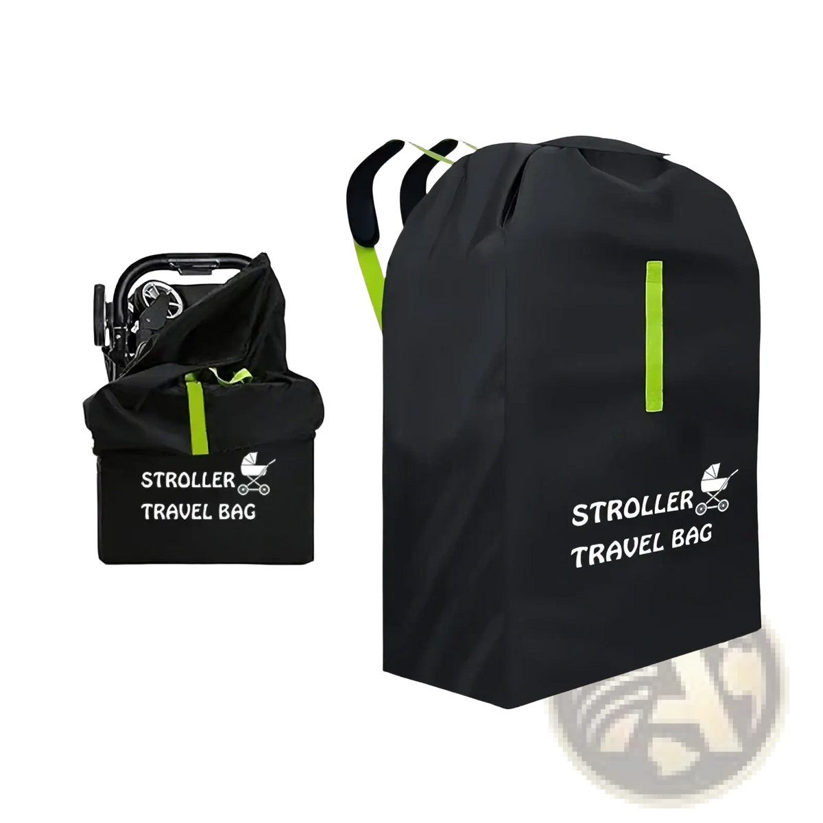 Black stroller travel bag with neon green accents and white logo waterproof xl foldable for easy transport