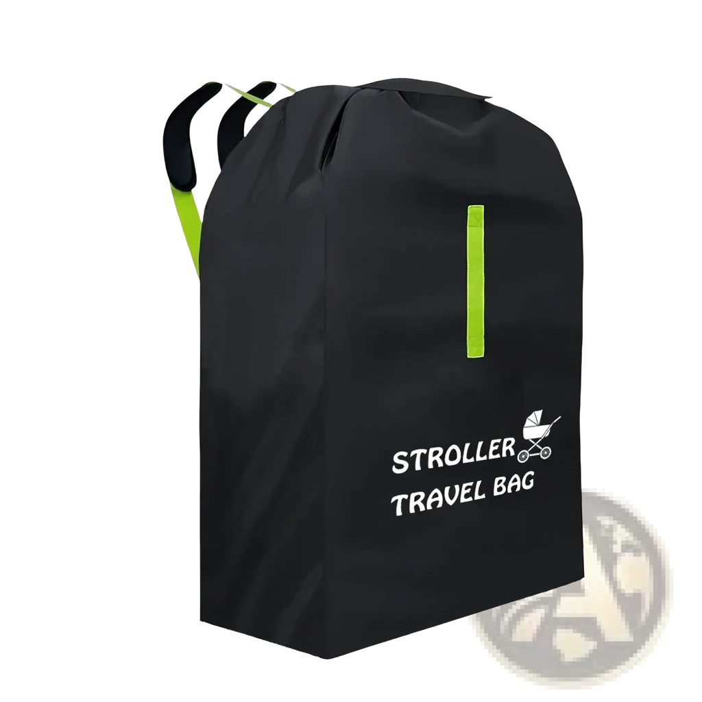 Black waterproof xl foldable baby stroller travel bag with neon green straps and vertical reflective strip showing back side