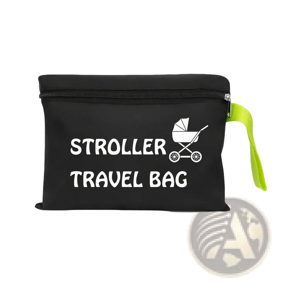 Black waterproof xl foldable baby stroller travel bag with white text and baby carriage graphic and lime green zipper pull