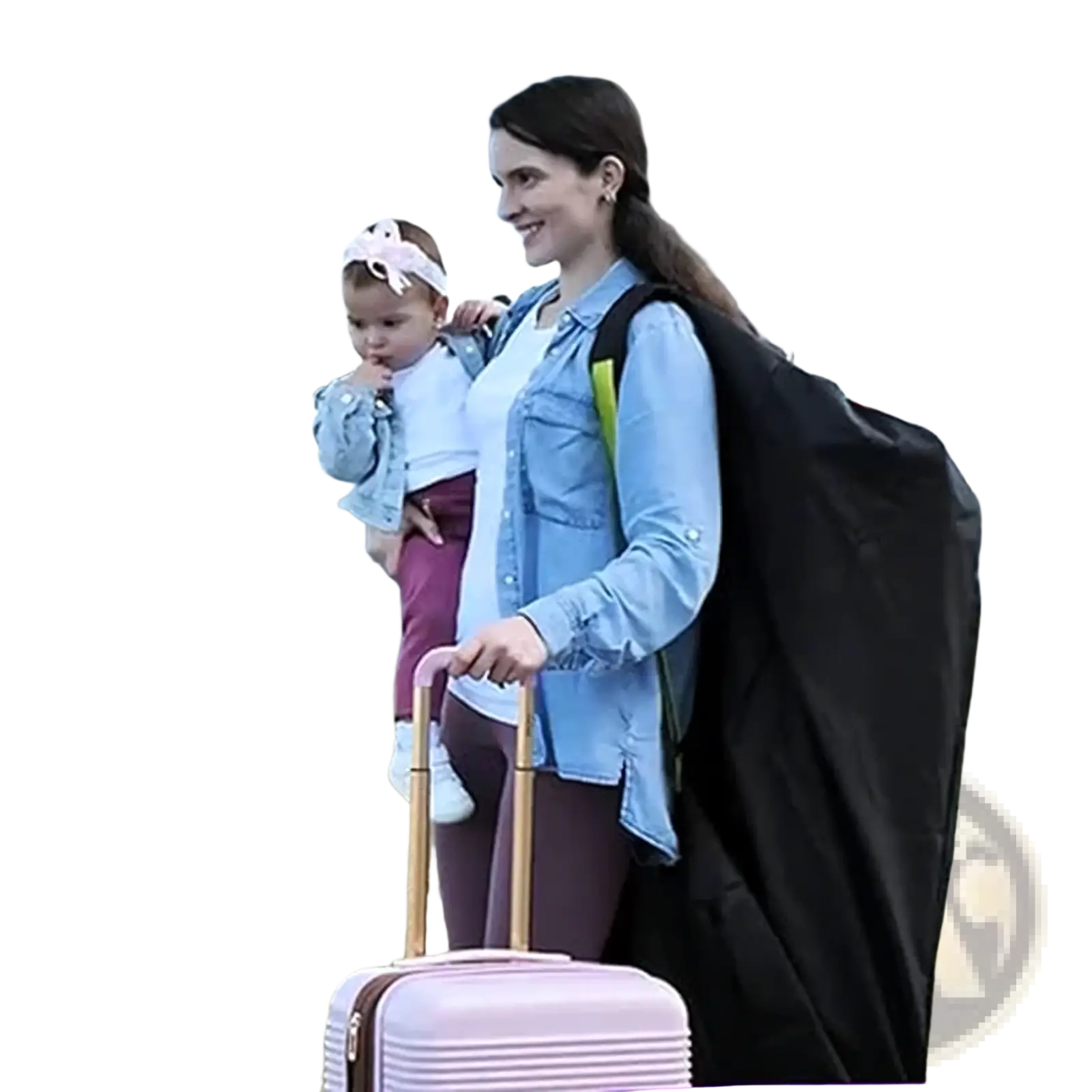 Pink hard-shell baby stroller travel bag waterproof xl with gold telescoping handle and zipper pulls