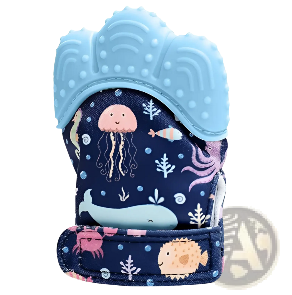 Blue silicone and fabric baby teething glove with ocean-themed print for infants molar soothing and chewing