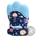 Blue silicone and fabric baby teething glove with ocean-themed print for infants molar soothing and chewing