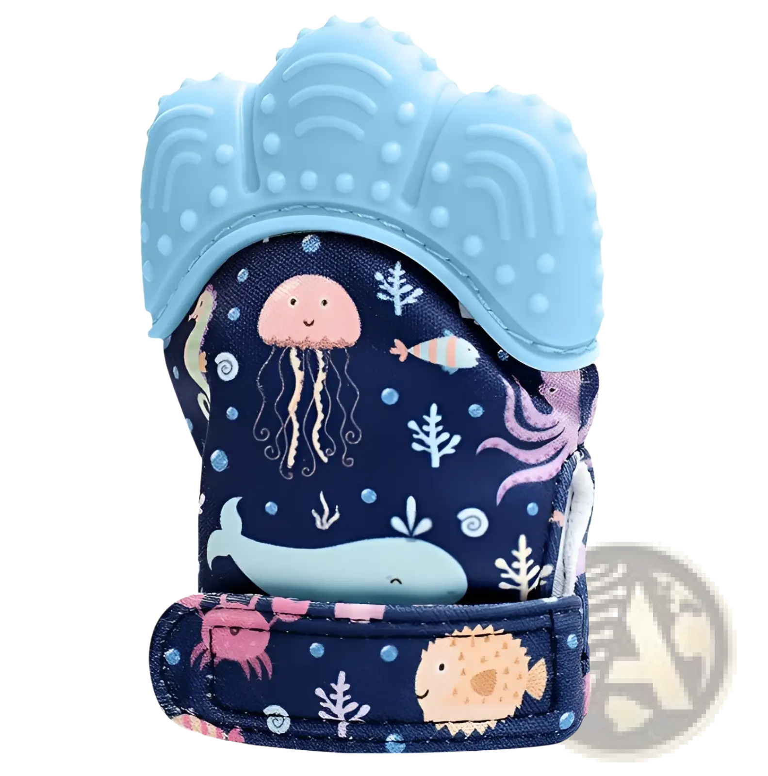 Blue silicone and fabric baby teething glove with ocean-themed print for infants molar soothing and chewing