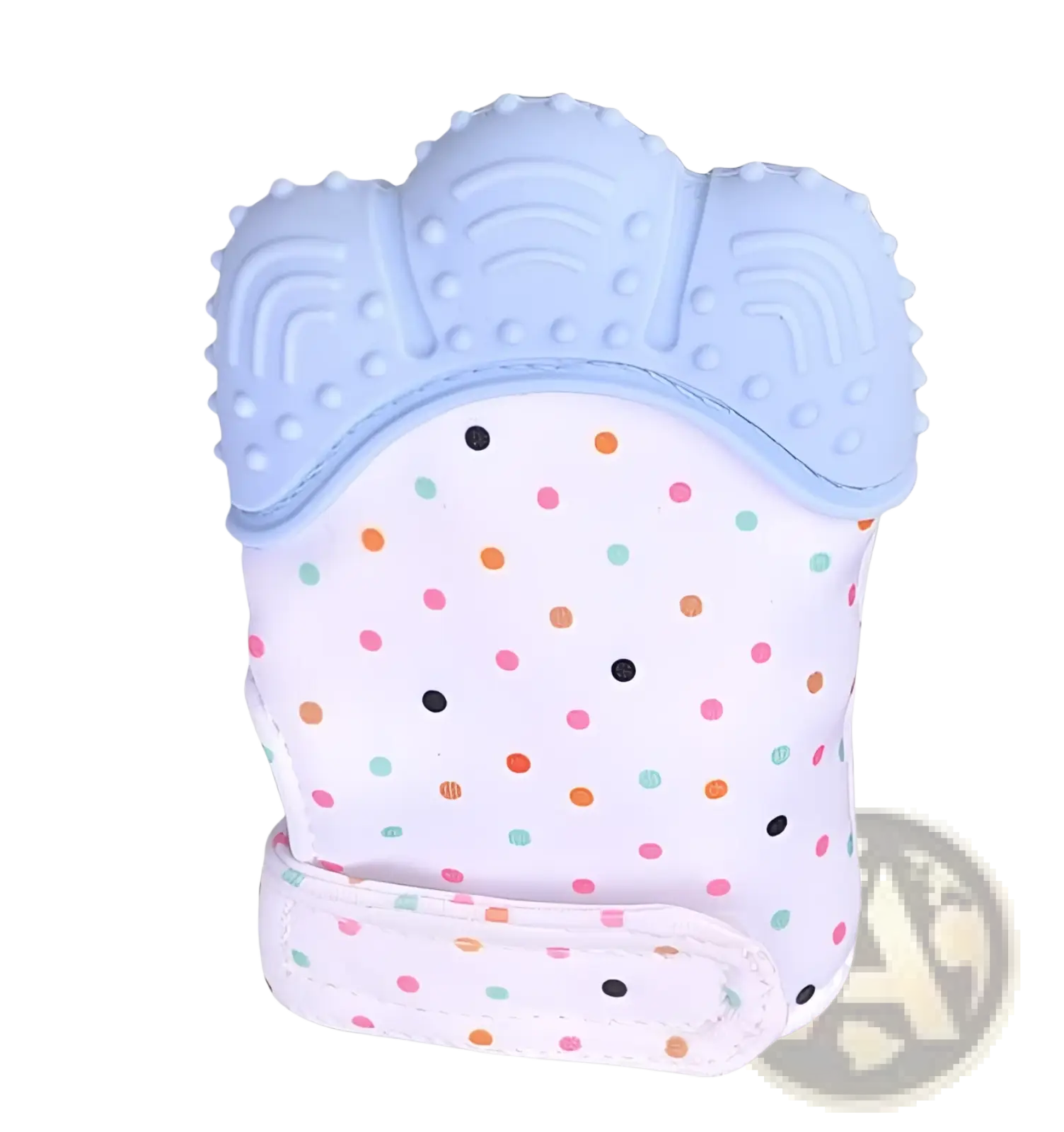Light blue and white silicone baby teething glove with colorful polka dots for infants molar relief