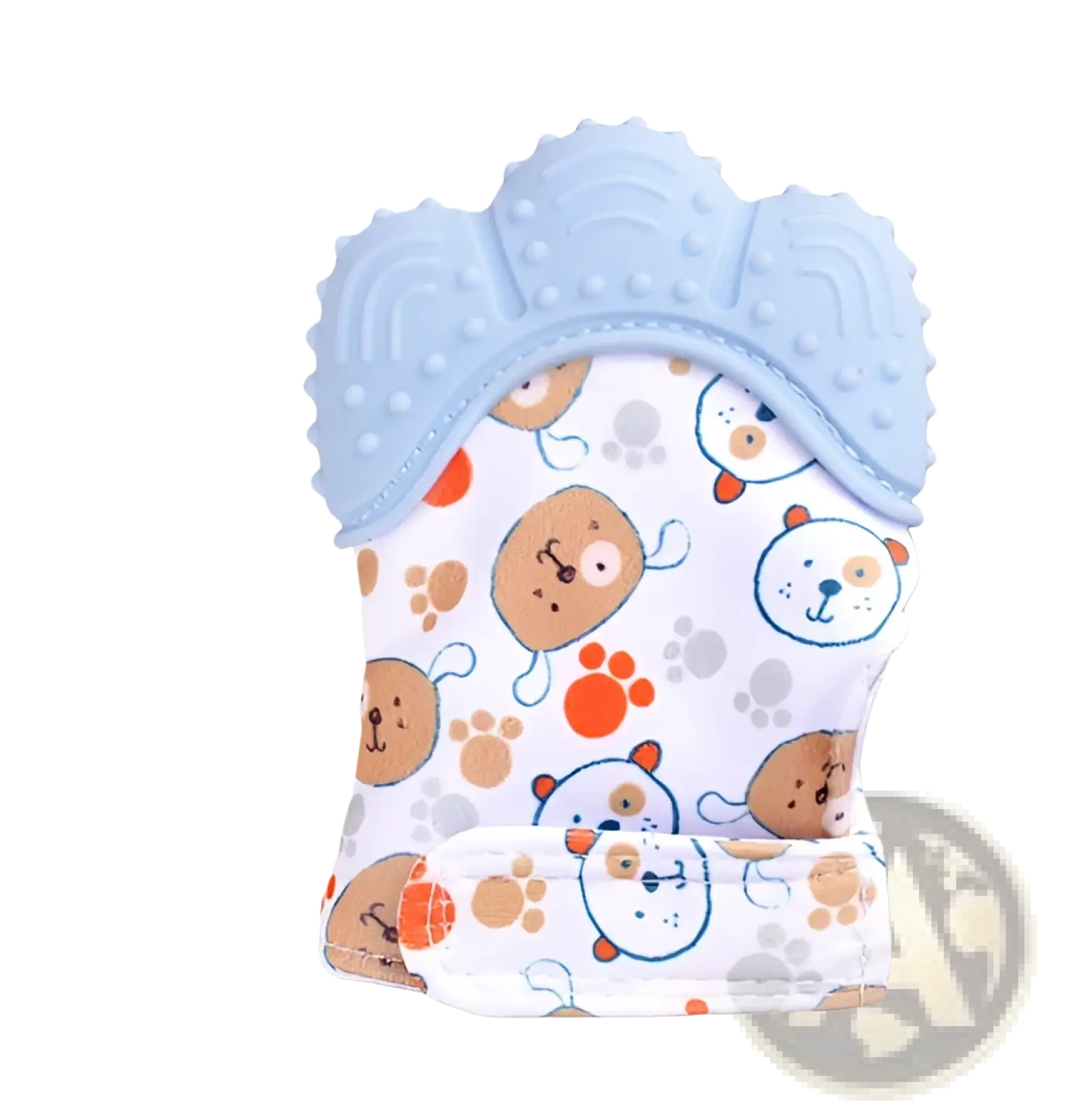 Light blue silicone baby teething glove with white fabric body featuring cartoon dog and paw print patterns for infants