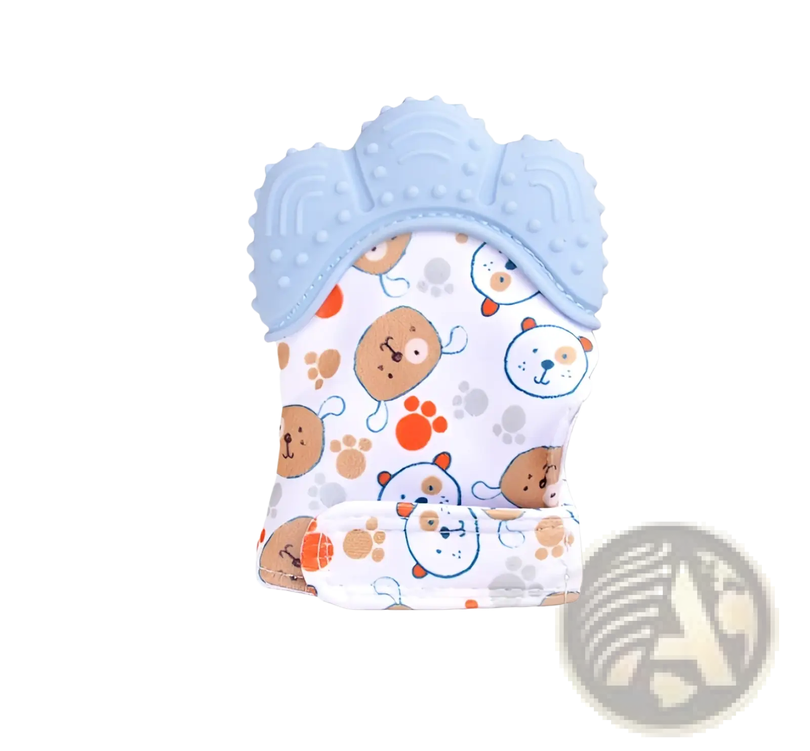 Light blue silicone baby teething mitten with white fabric body featuring brown and orange bear faces and paw prints