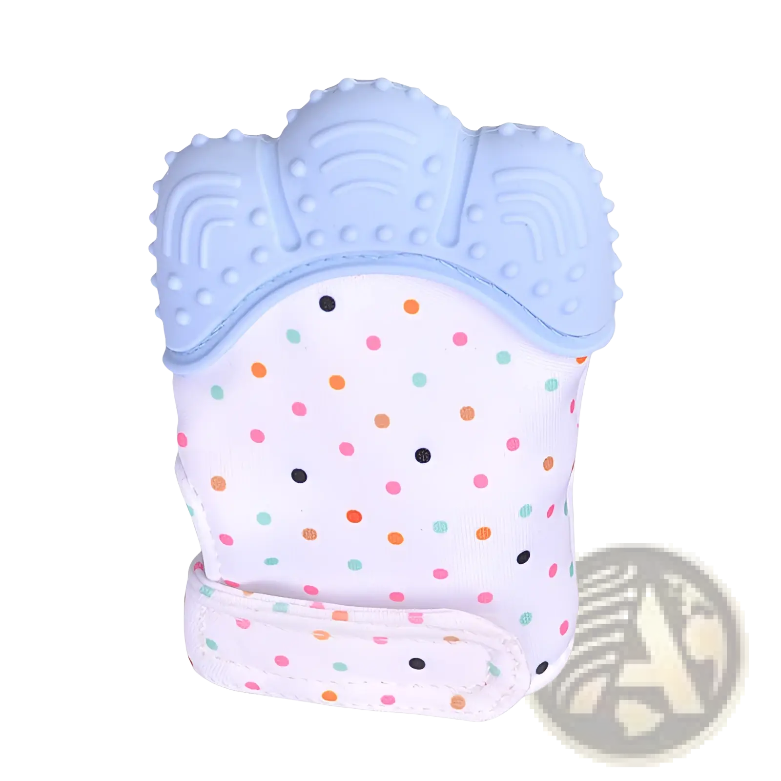 Baby teether silicone mitten and molar toy in light blue and white with colorful polka dots and textured silicone top