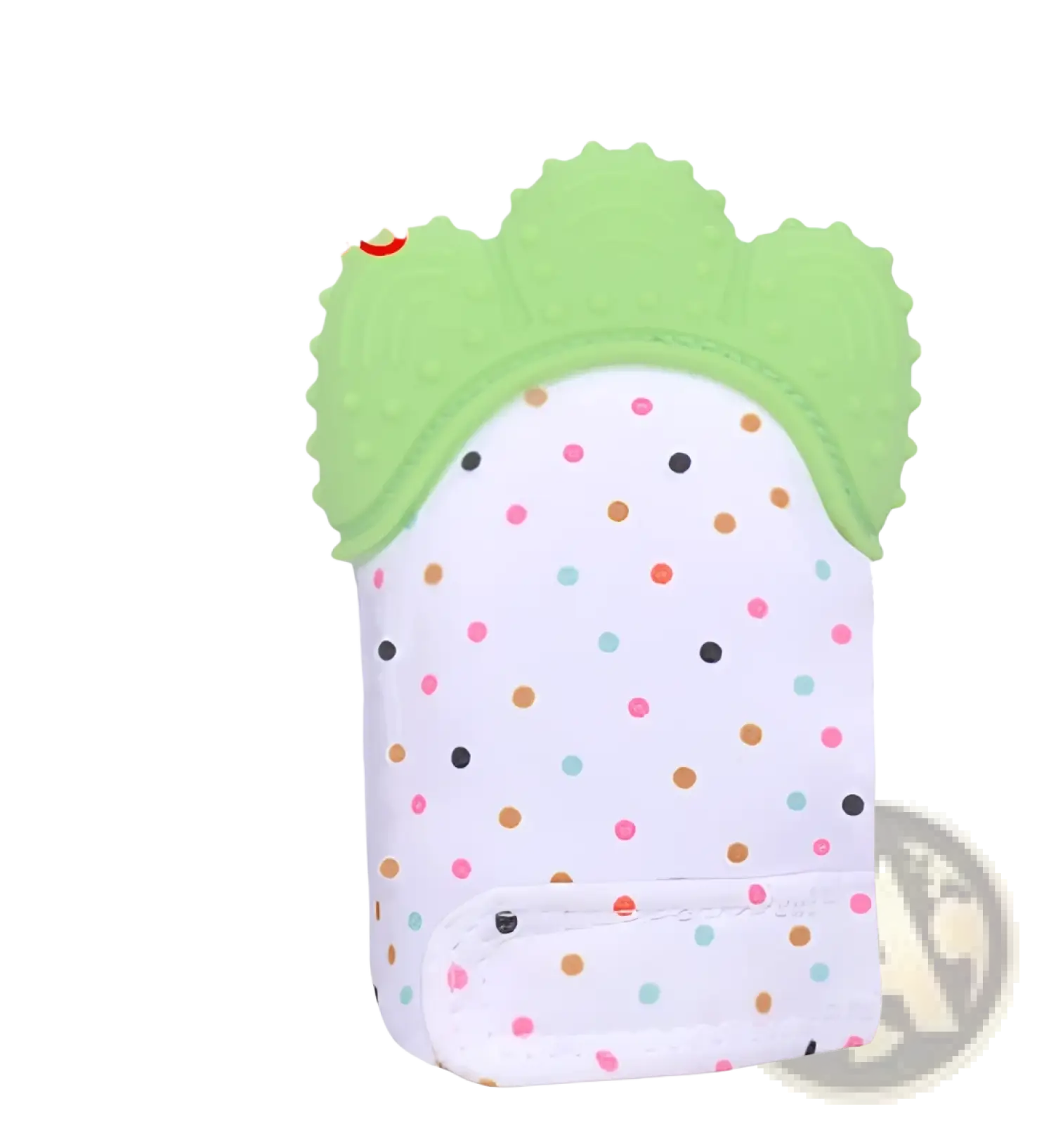 Green and white silicone baby teething mitten with colorful polka dots designed as a molar toy for infants