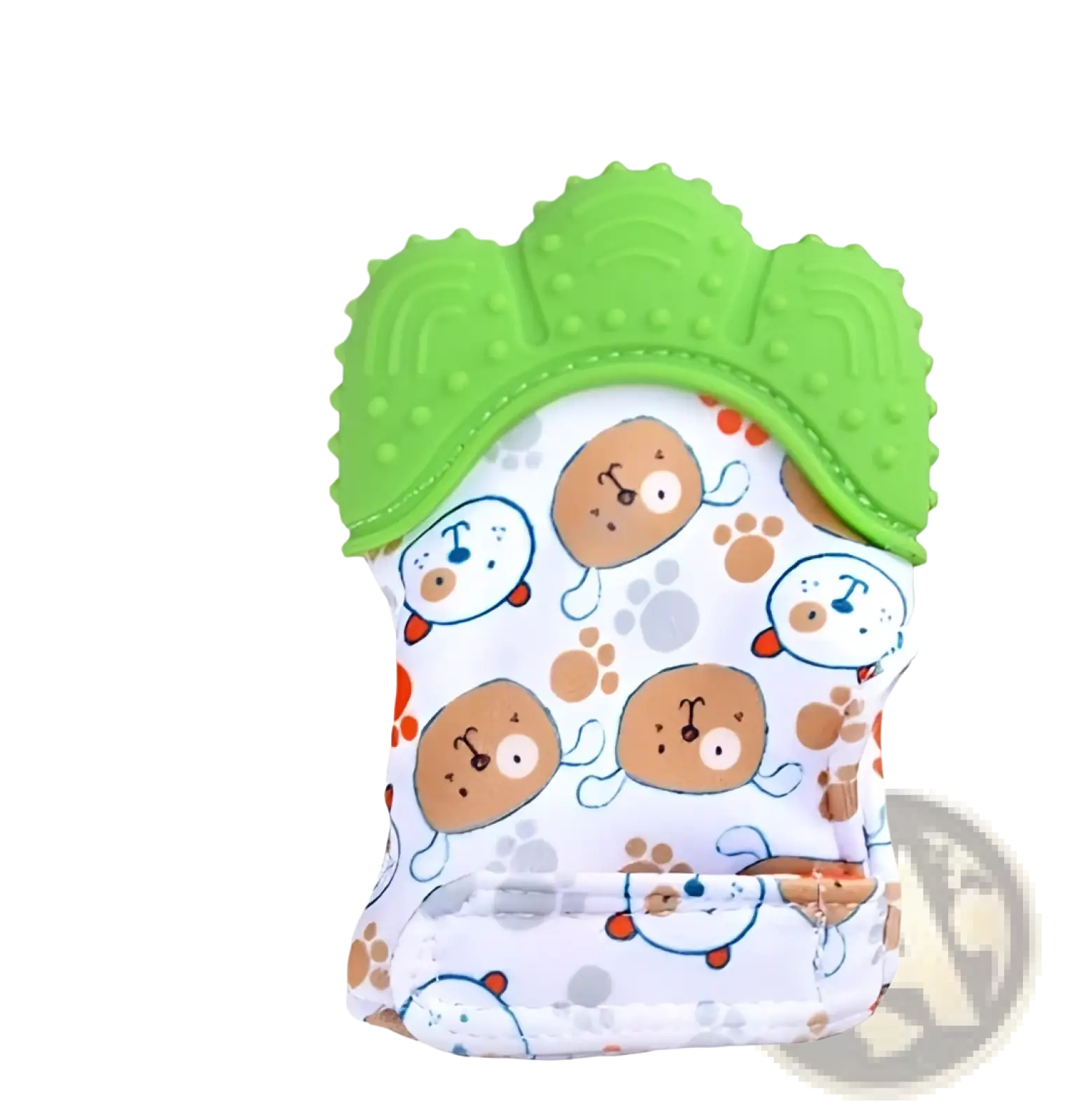 Green and white silicone baby teething glove with playful cartoon dog pattern for infants molar relief