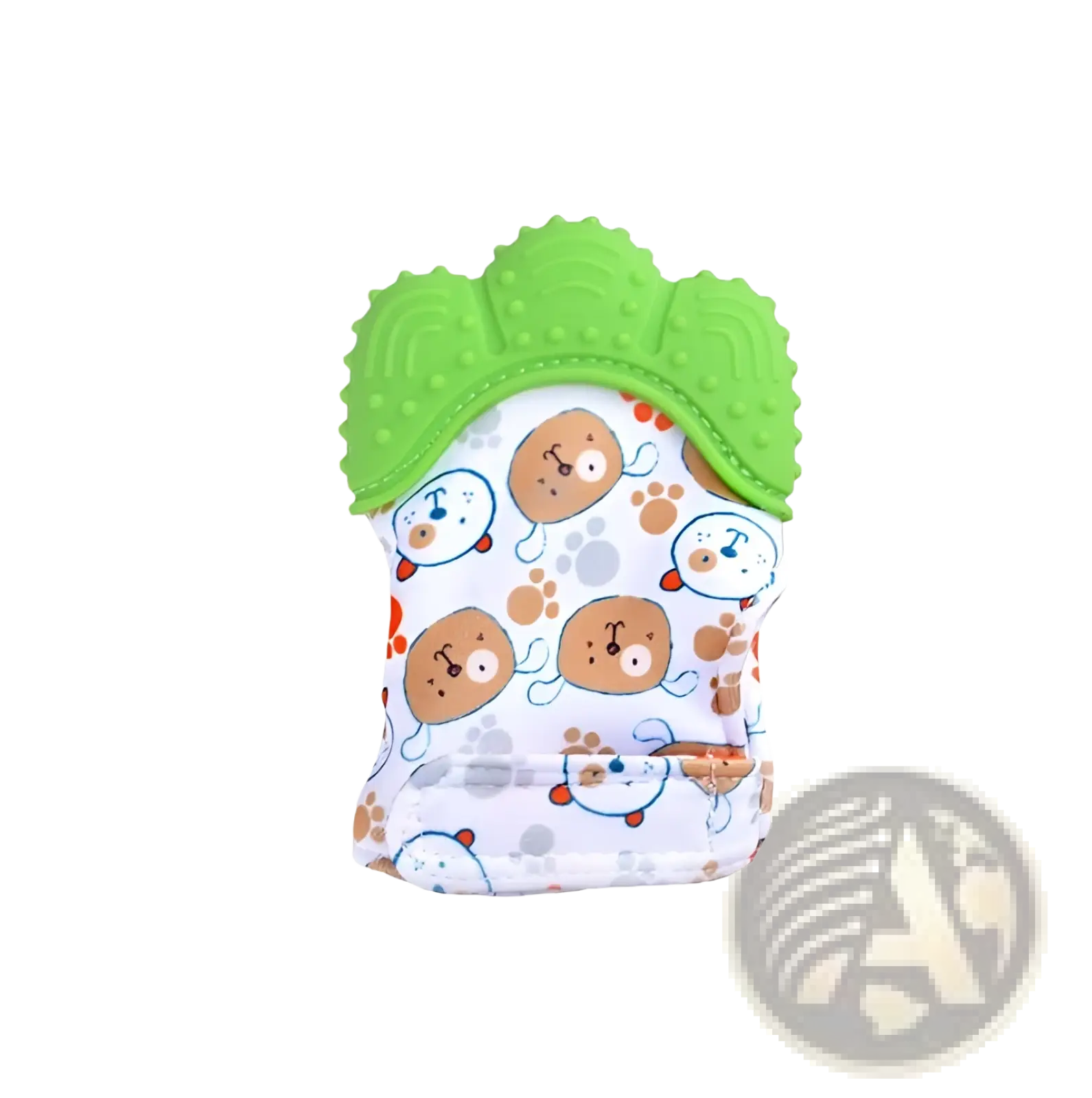 Baby teether silicone mitten made of soft white fabric with cartoon dogs paw prints and bright green silicone ridge