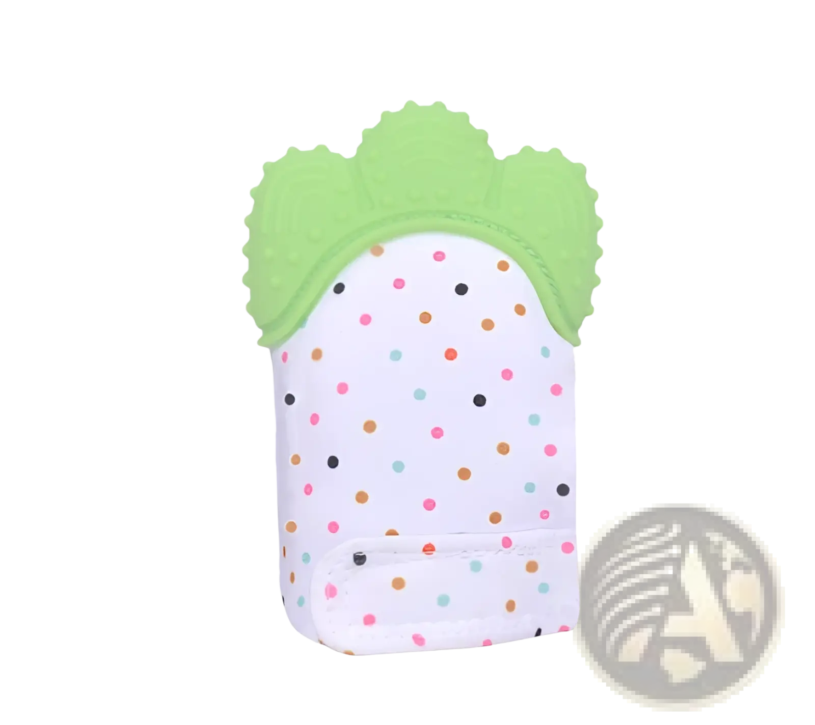 Baby teether silicone mitten and molar toy in soft lime green carrot shape with white colorful polka dot fabric body