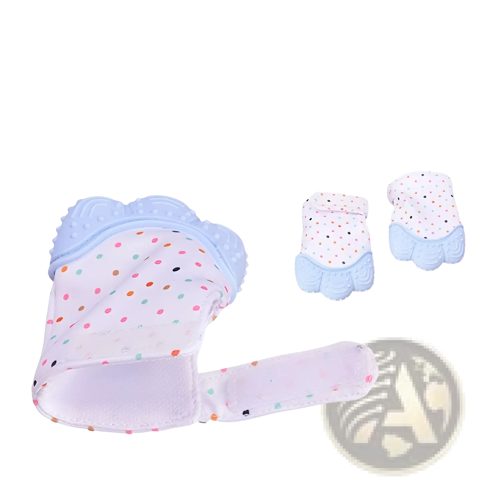 Pastel blue and white polka-dot baby teether silicone mitten with soft fabric and textured silicone fingertips for infants
