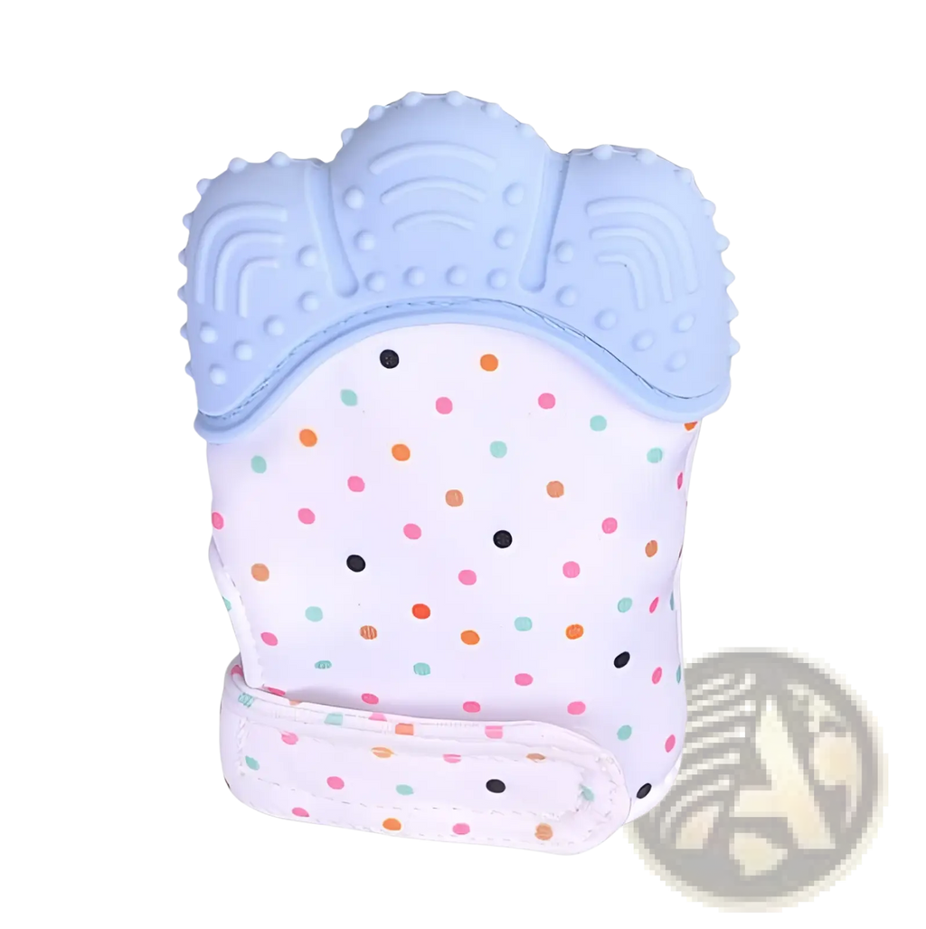 Baby teether silicone mitten with soft pastel blue silicone and white fabric body with colorful polka dots for infants