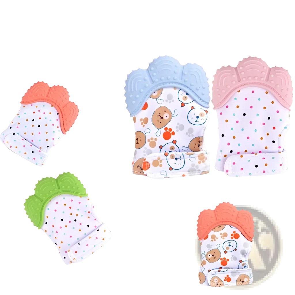 Soft colorful silicone baby teether mitten with playful bear and polka dot patterns on gentle fabric base