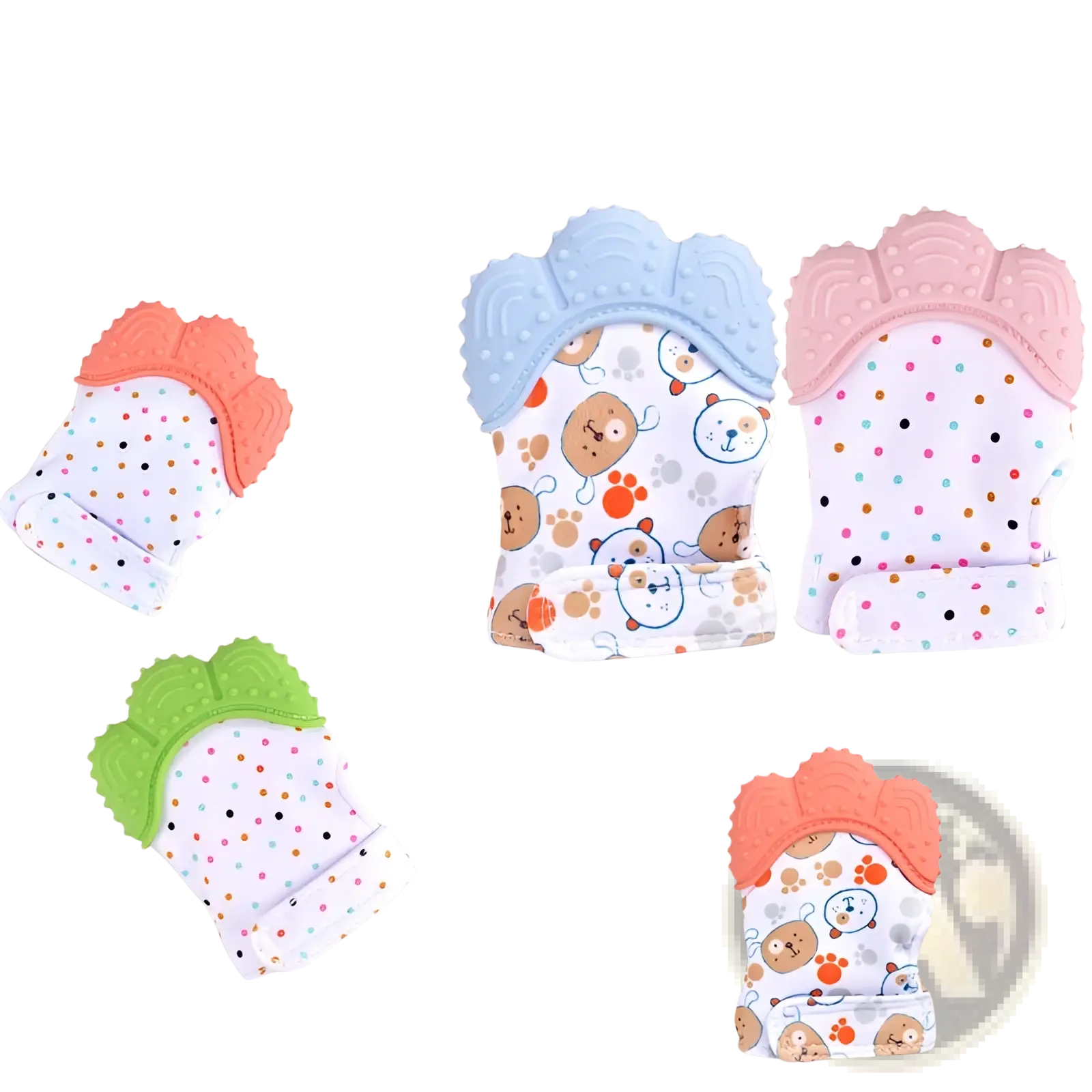 Soft colorful silicone baby teether mitten with playful bear and polka dot patterns on gentle fabric base