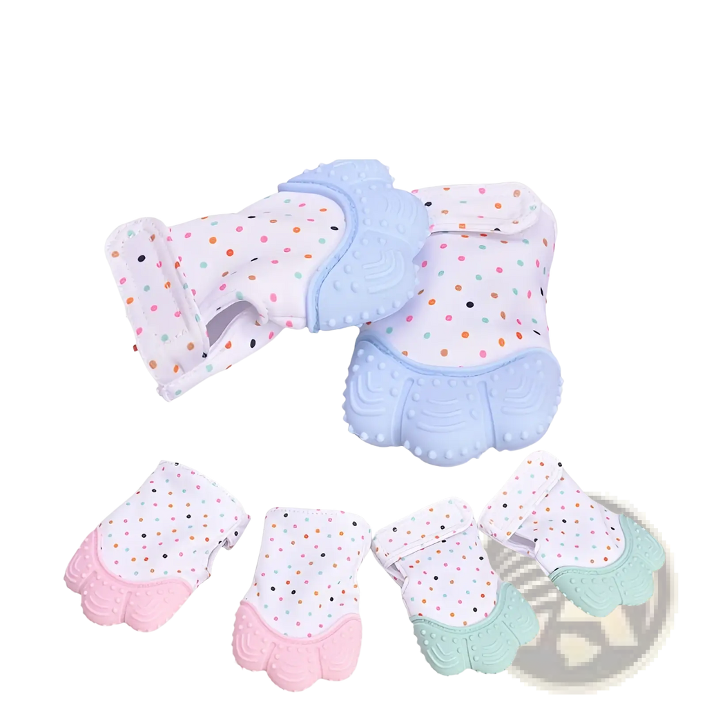 Soft pastel baby teether silicone mitten with polka dots and silicone finger pads in pink light blue and mint green