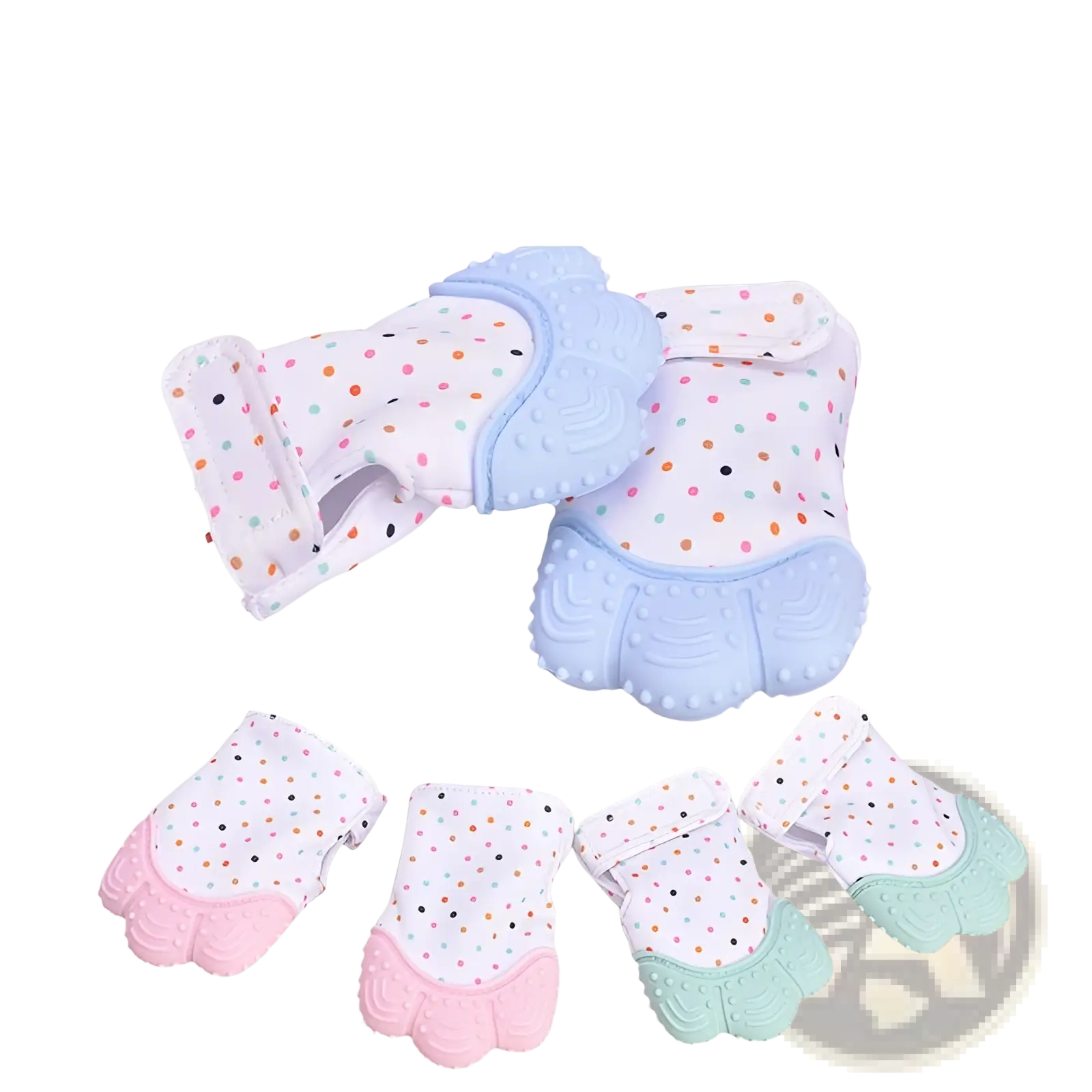 Soft pastel baby teether silicone mitten with polka dots and silicone finger pads in pink light blue and mint green