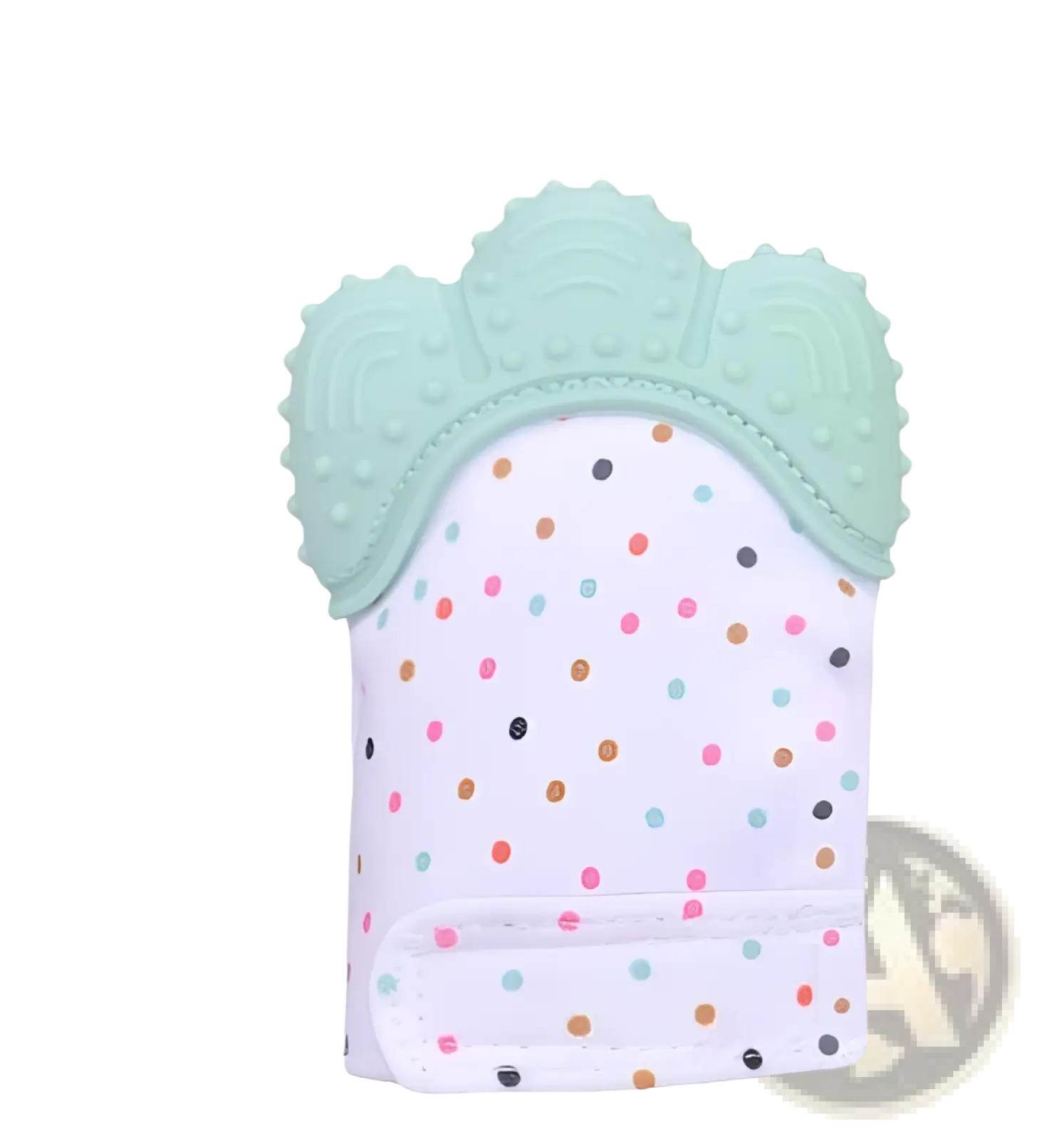 Baby teether silicone mitten with a soft mint green silicone glove and white fabric body with colorful polka dots