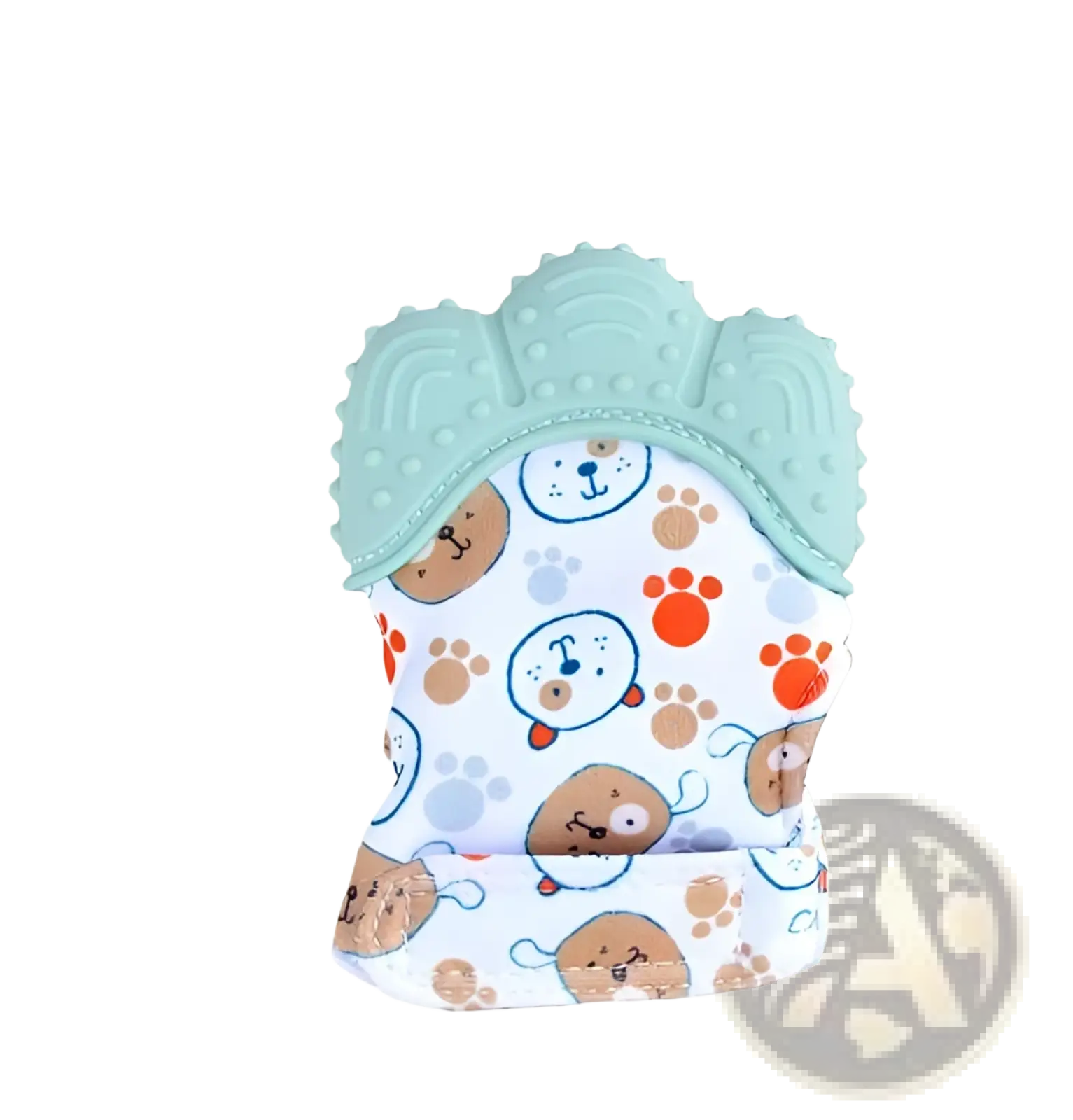 A soft light blue silicone baby teether mitten with a white fabric body featuring playful cartoon dog faces and paw prints