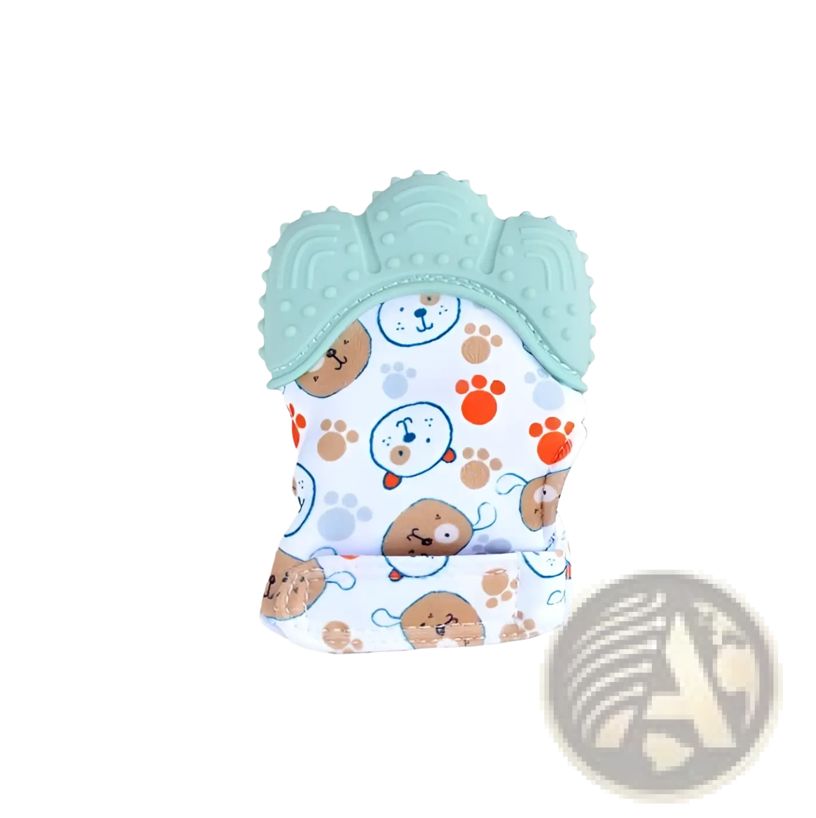 Baby teether silicone mitten with light blue silicone tip and white fabric body featuring cartoon dog faces and paw prints