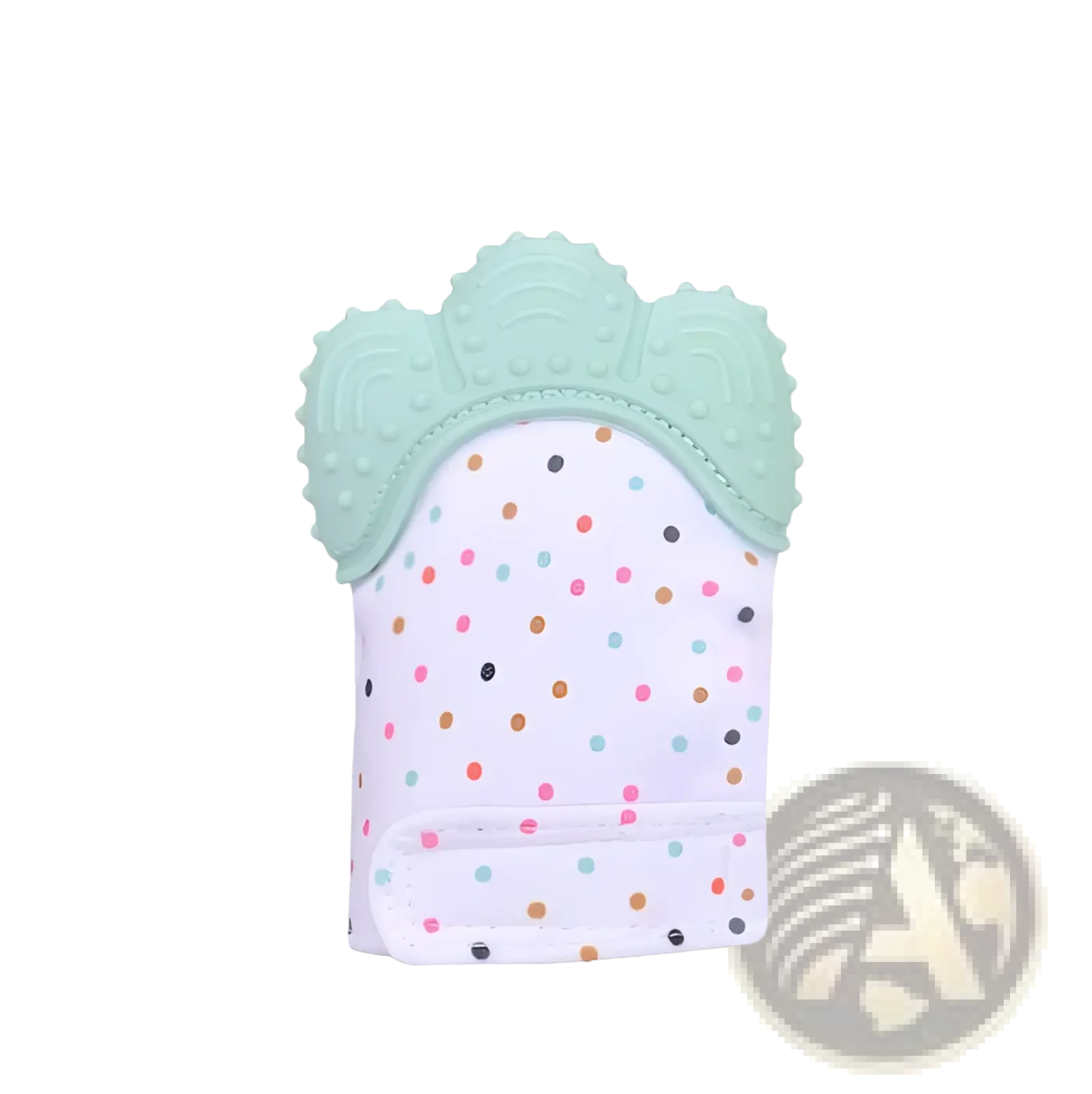 A mint green silicone baby teething mitten with a white fabric body and colorful polka dots for infants molar relief