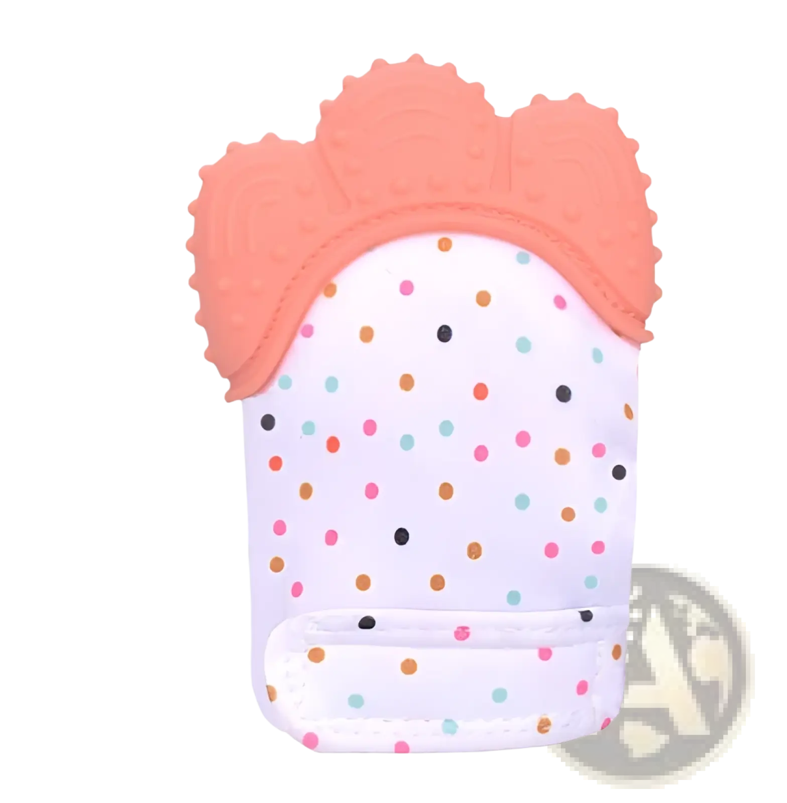 Coral-colored silicone baby teether mitten with white polka-dot fabric body for infant molar soothing