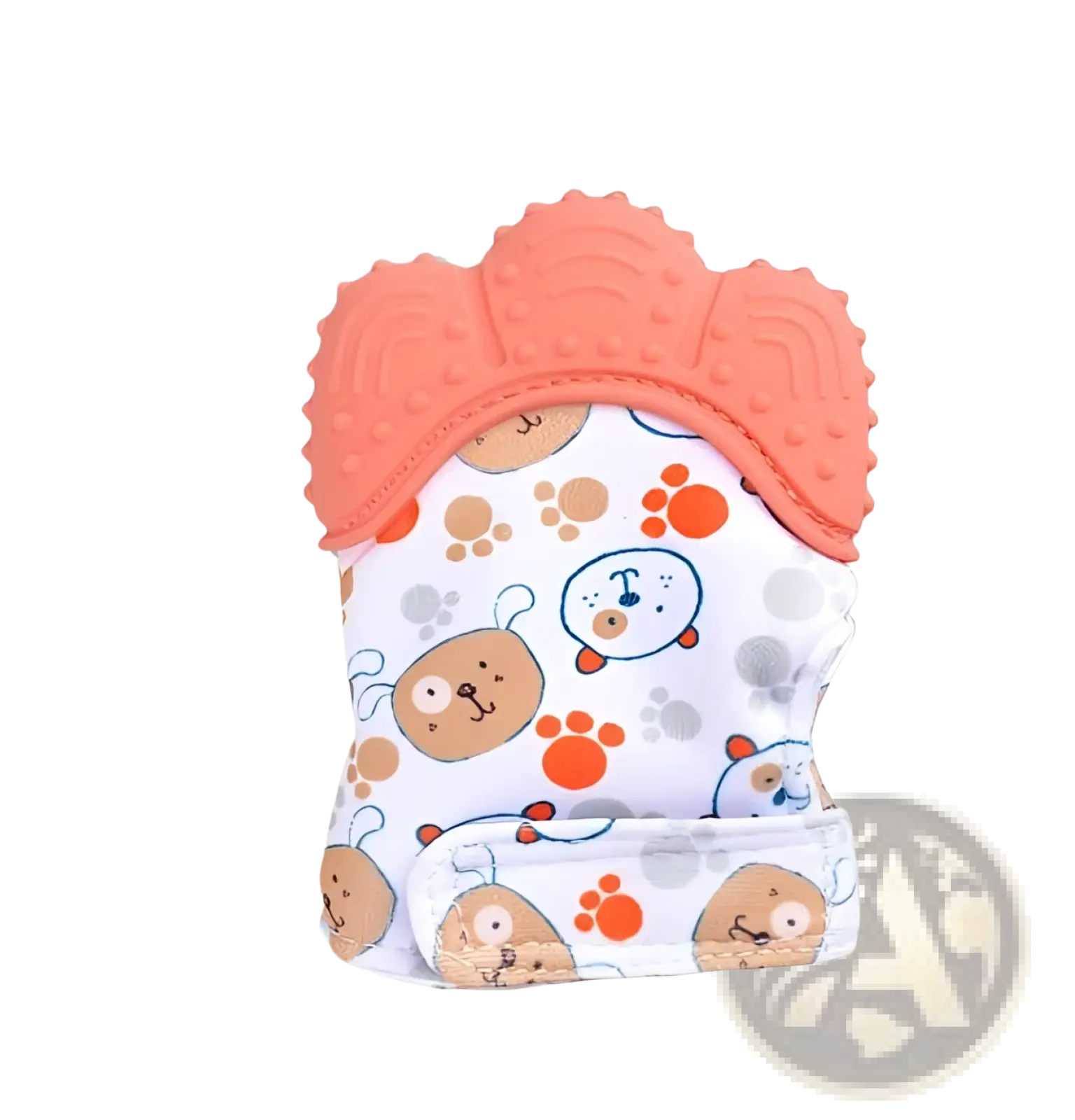 Coral-colored silicone baby teething glove with white fabric body featuring cartoon dog and paw print patterns