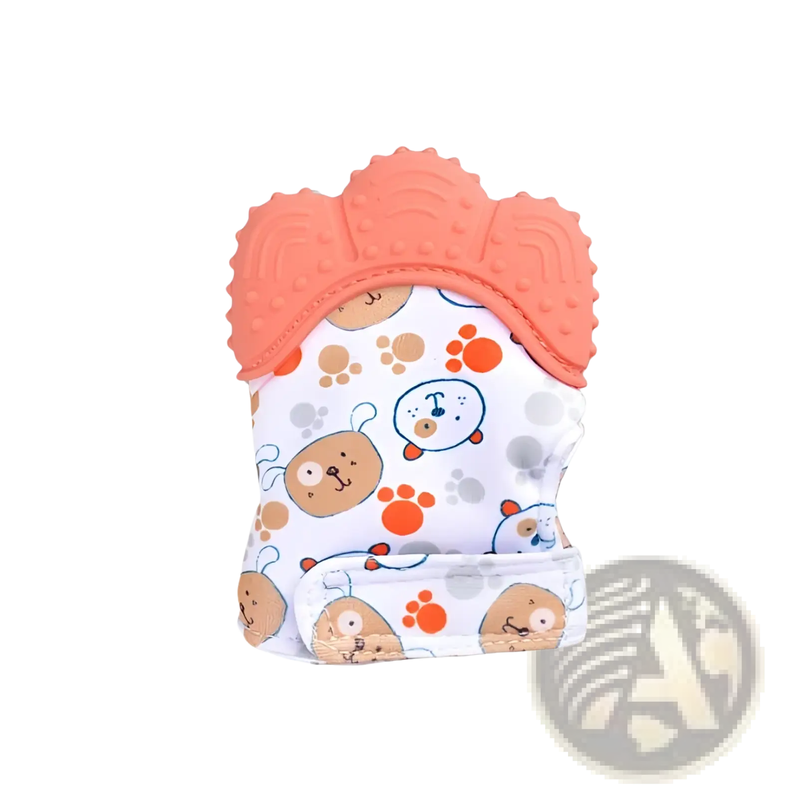 Coral-colored silicone teething glove with white fabric body featuring cartoon dog and paw prints for infants