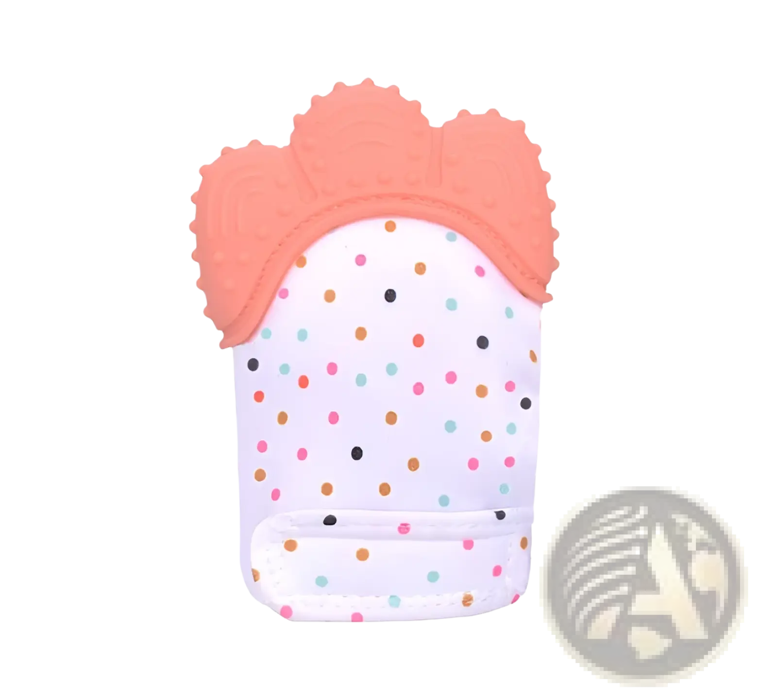 Baby teether silicone mitten with coral silicone and white fabric body with multicolored polka dots for infants
