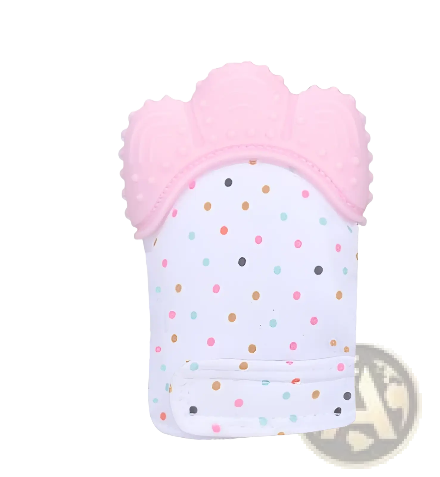 Pink silicone baby teether mitten with white polka dots and soft textured surface for infants molar relief