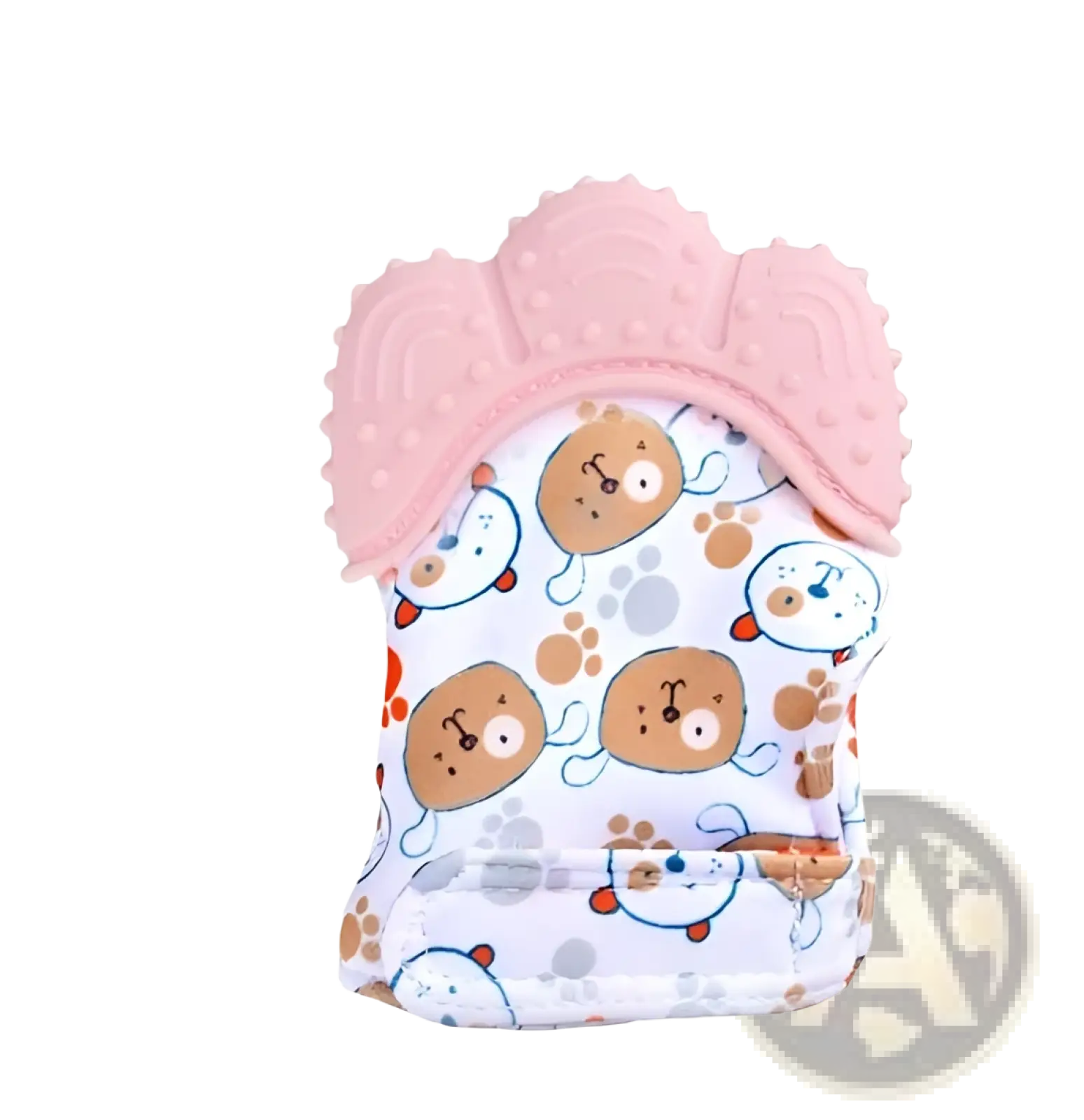 Pink silicone baby teether mitten with white fabric body featuring cartoon dogs for infant molar relief