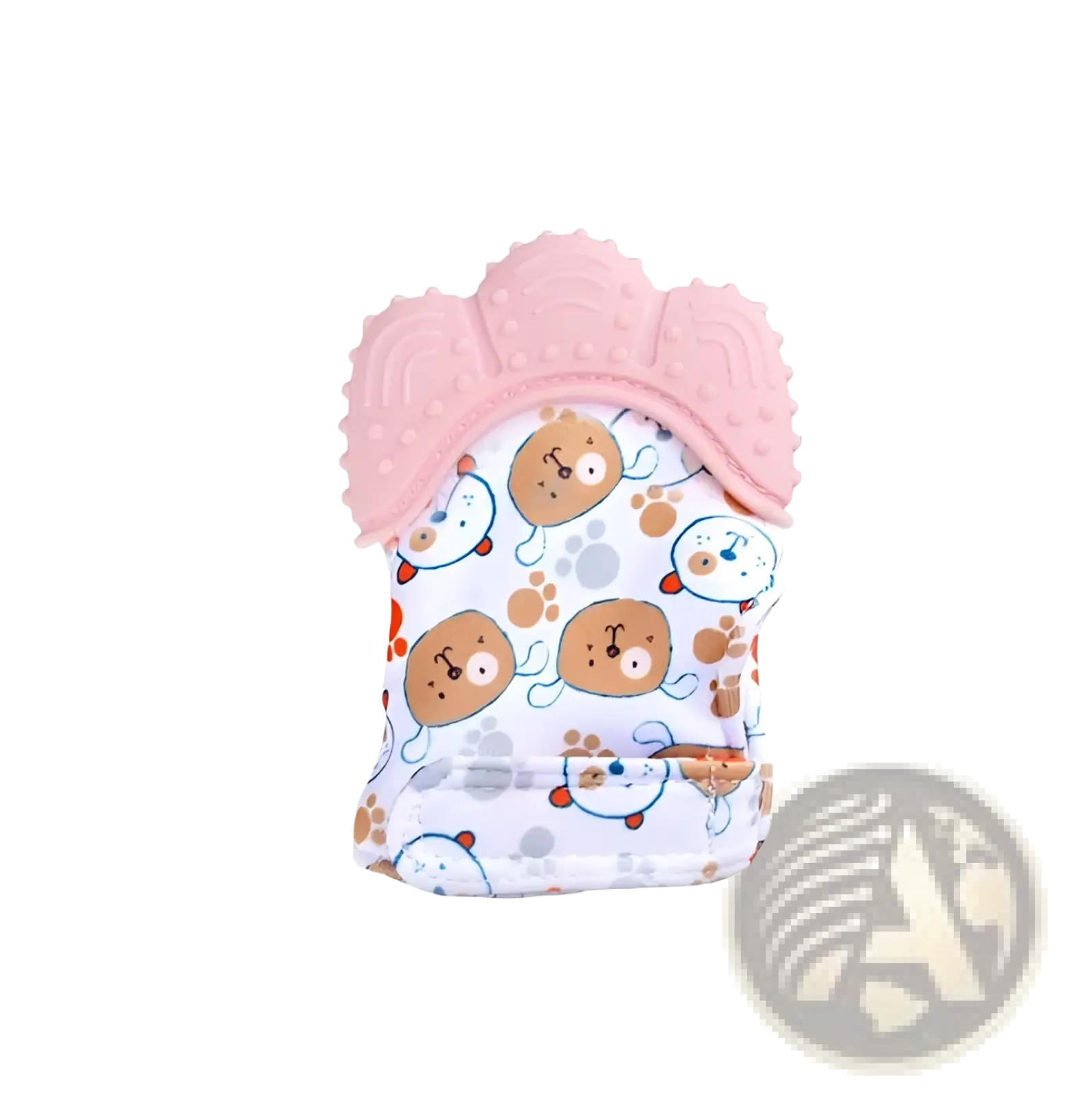 Baby teether silicone mitten with pink silicone teething glove and white fabric body featuring cartoon bears and paw prints