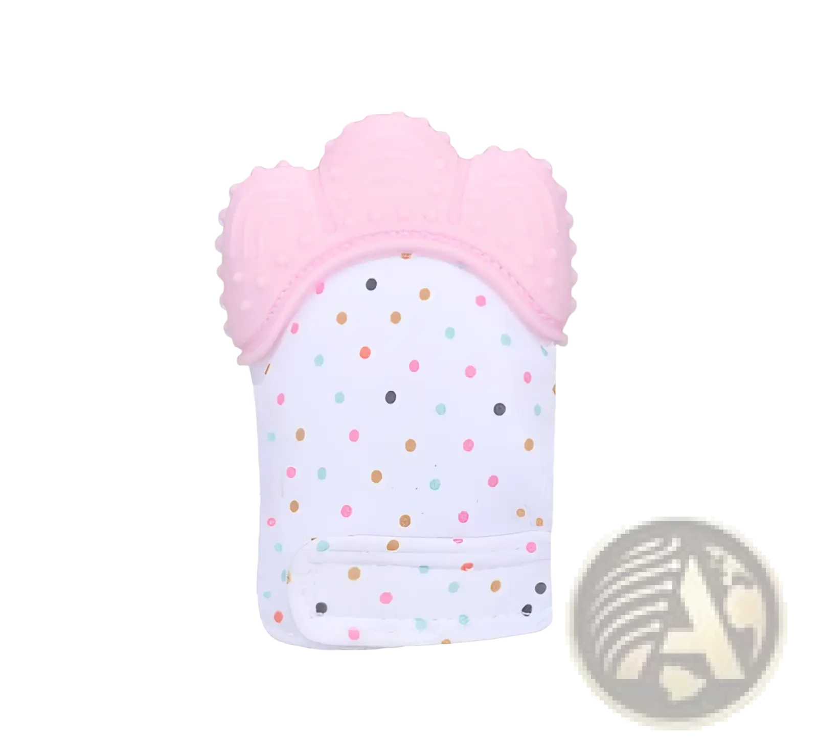 Pink silicone baby teething mitten with white fabric body and multicolored polka dots for infant molar relief