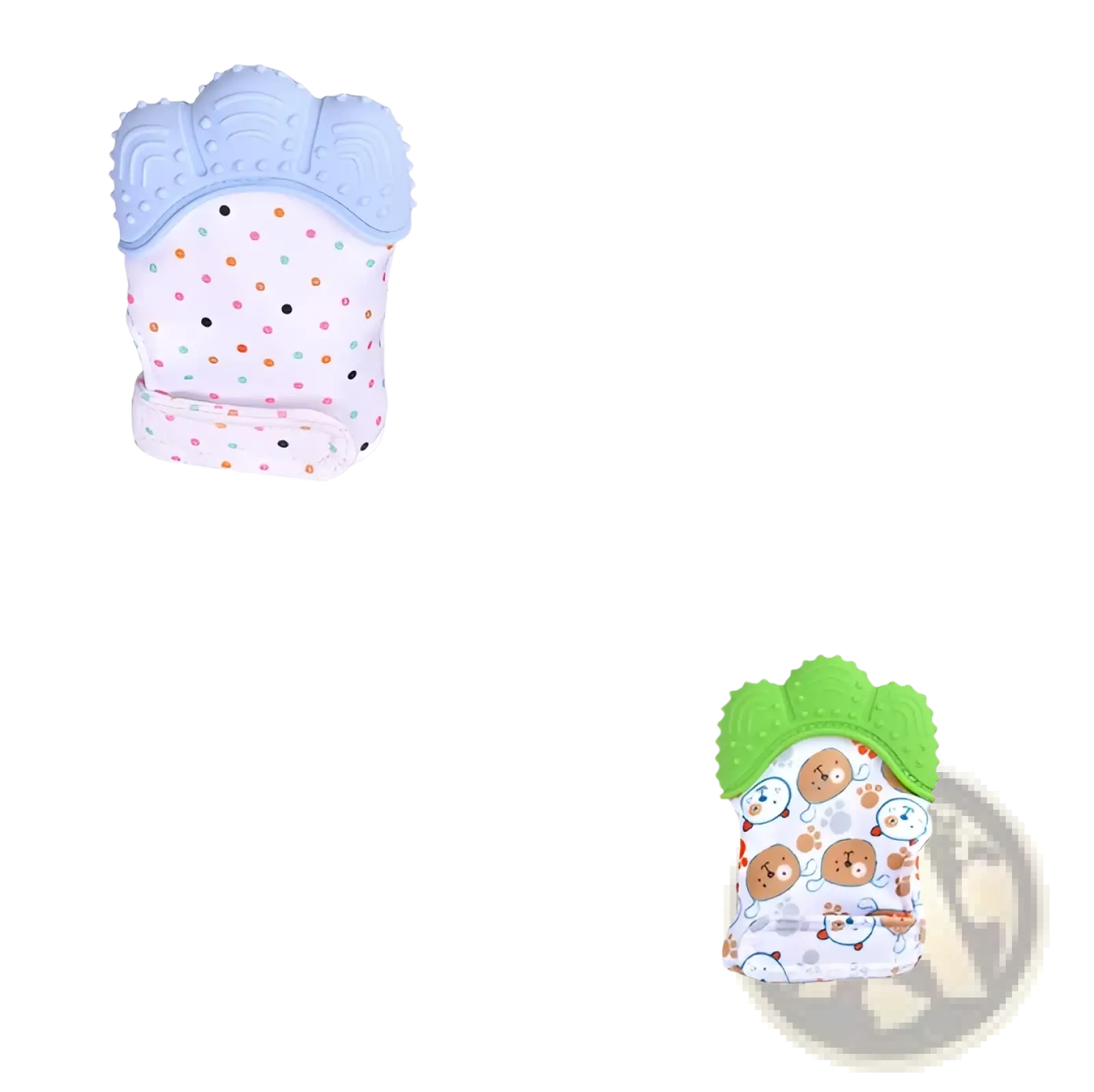 Baby teether silicone mitten in pastel blue and white with colorful polka dots for infant molar soothing