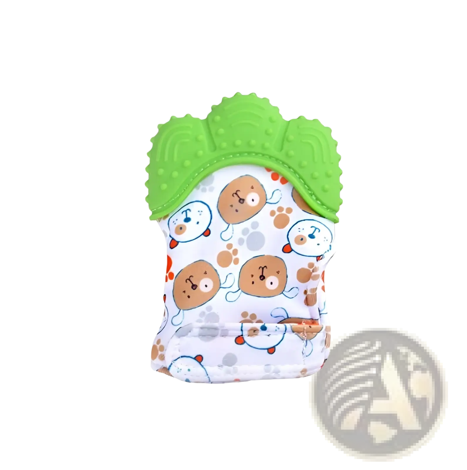 Green and white baby teething glove with silicone ridges and soft fabric featuring cartoon dog faces for infants