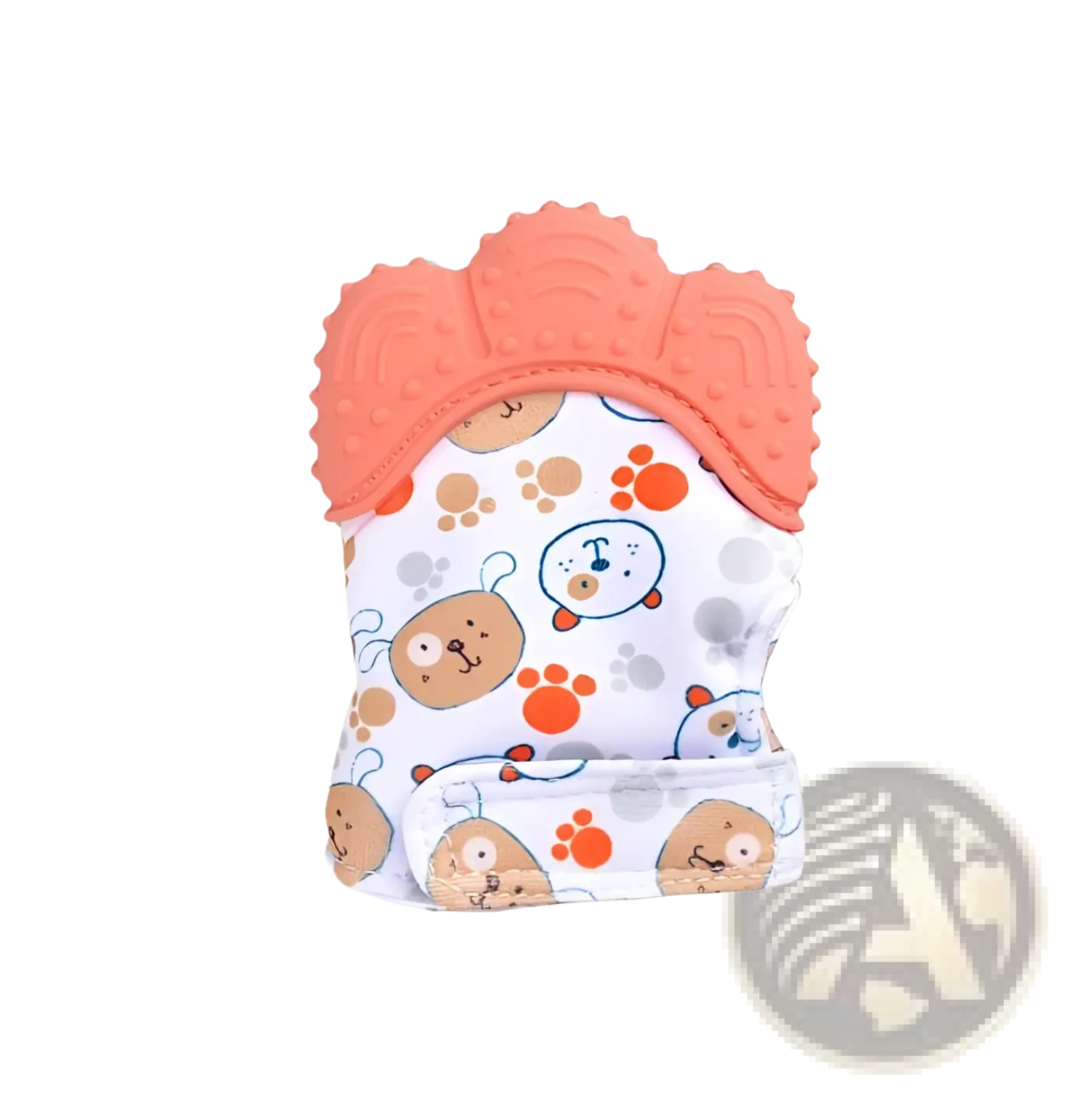 Baby teether silicone mitten in coral with white fabric featuring cartoon dog and paw prints for infants