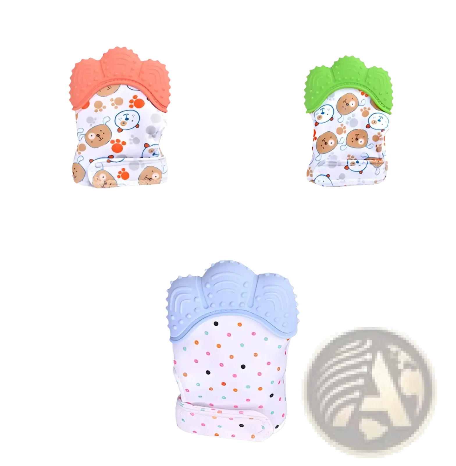 Baby teether silicone mitten and molar toy in coral green and light blue with soft fabric and playful animal prints