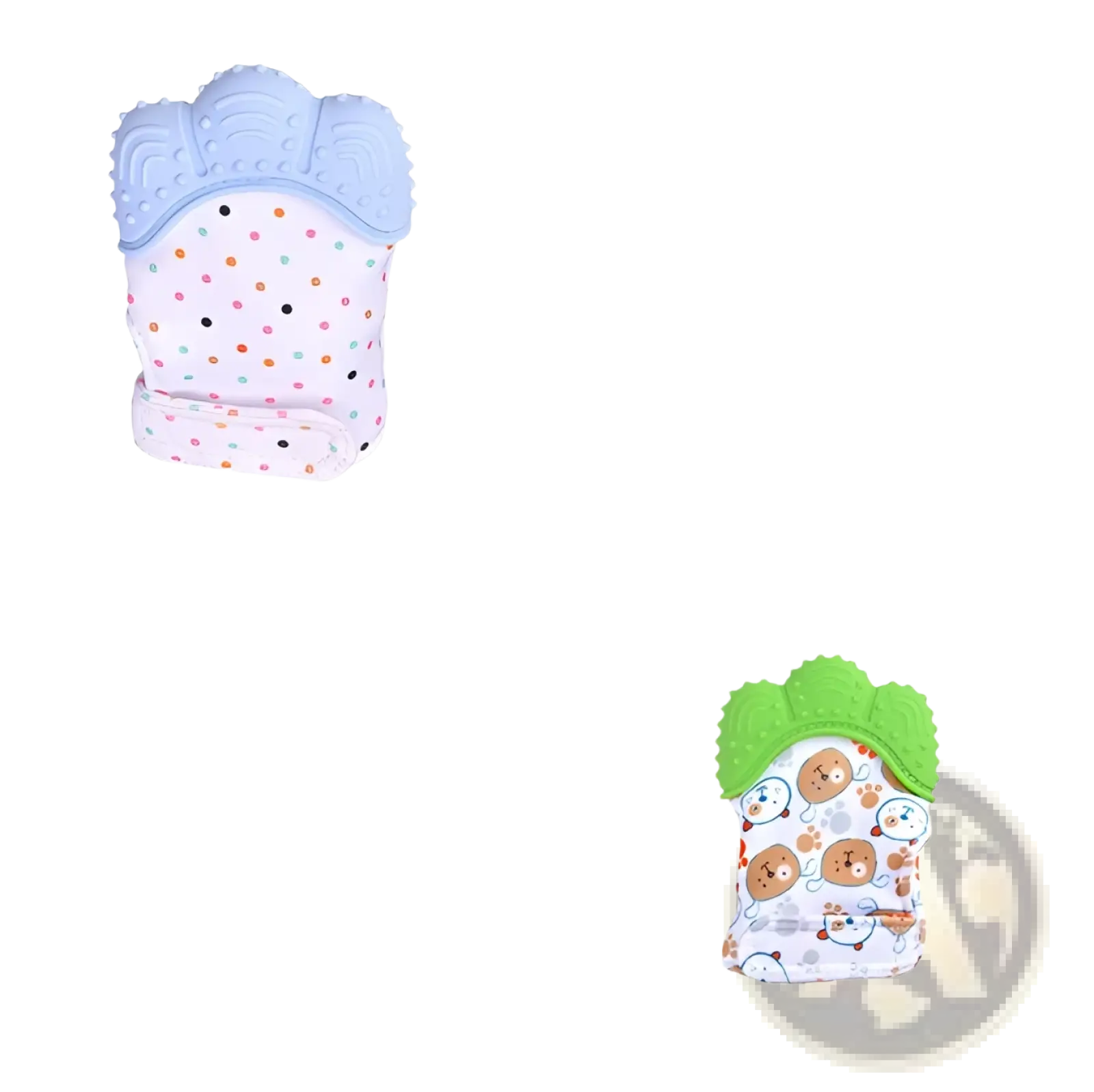 Baby teether silicone mitten in light blue with paw print and colorful polka dots for infant molar soothing