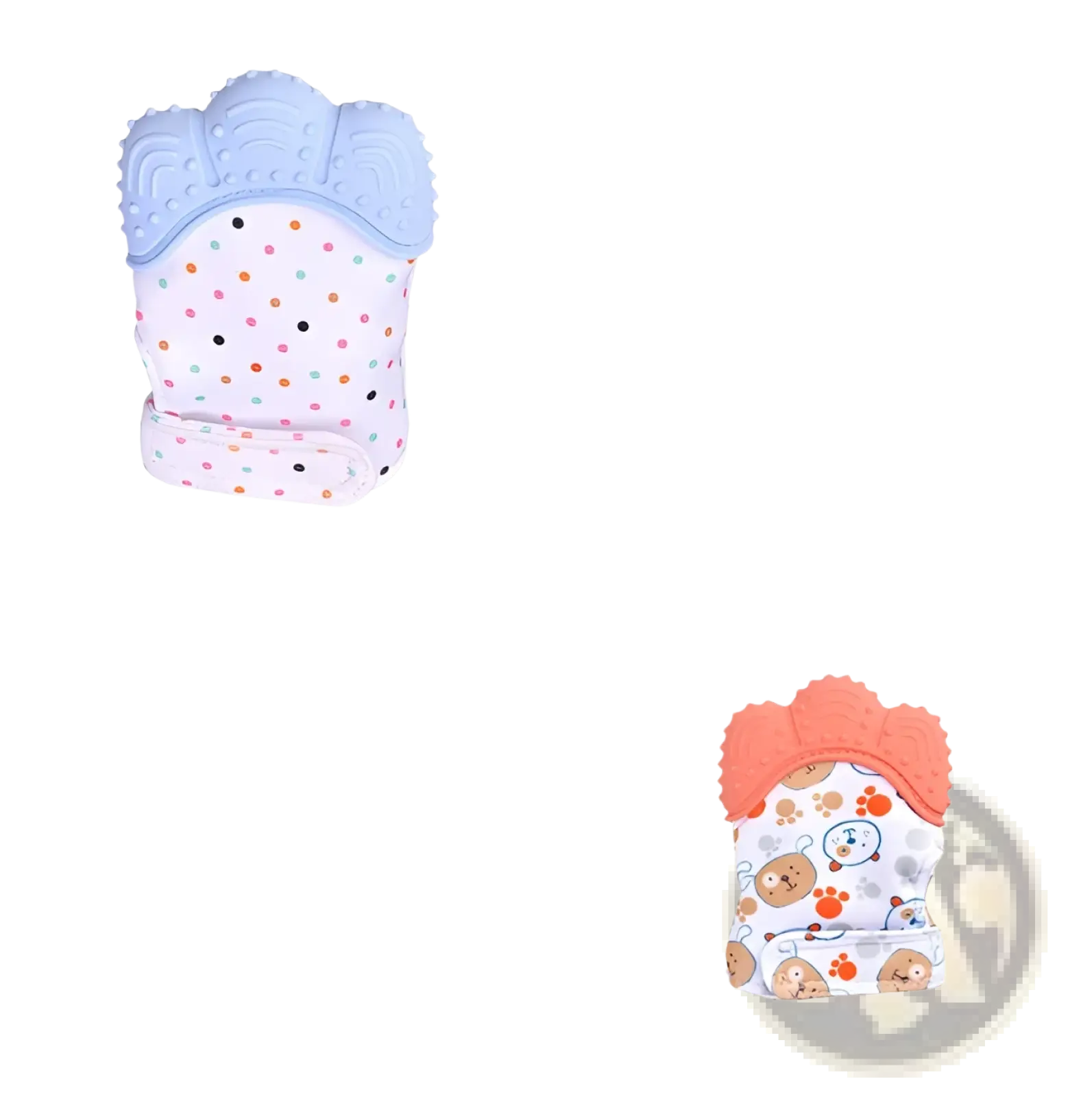 Soft silicone baby teething mitten with polka dot pattern and paw print design for infant molar relief