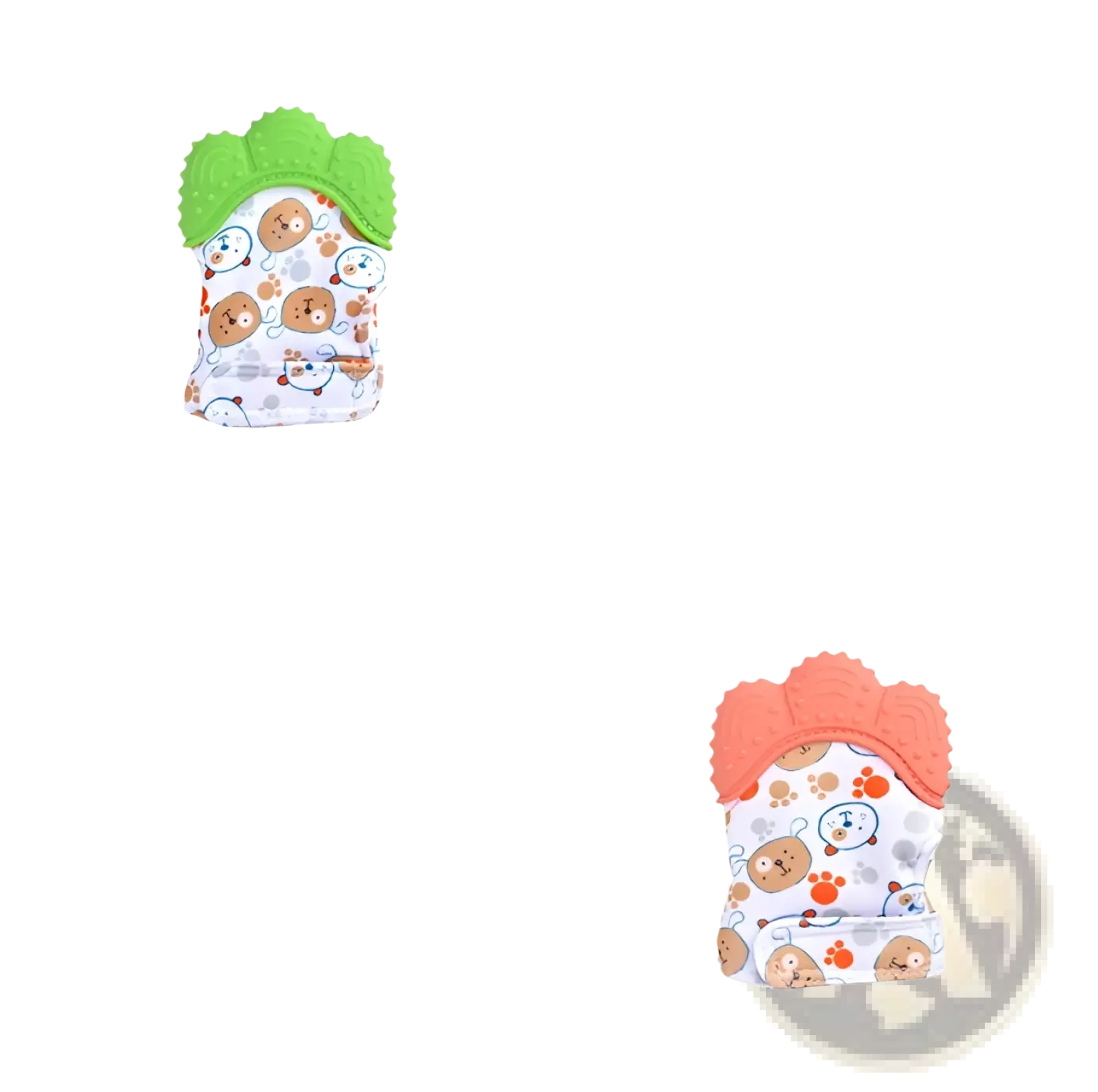 Baby teether silicone mitten in green and white with soft fabric body, cartoon dog faces, paw prints, and textured silicone ridge
