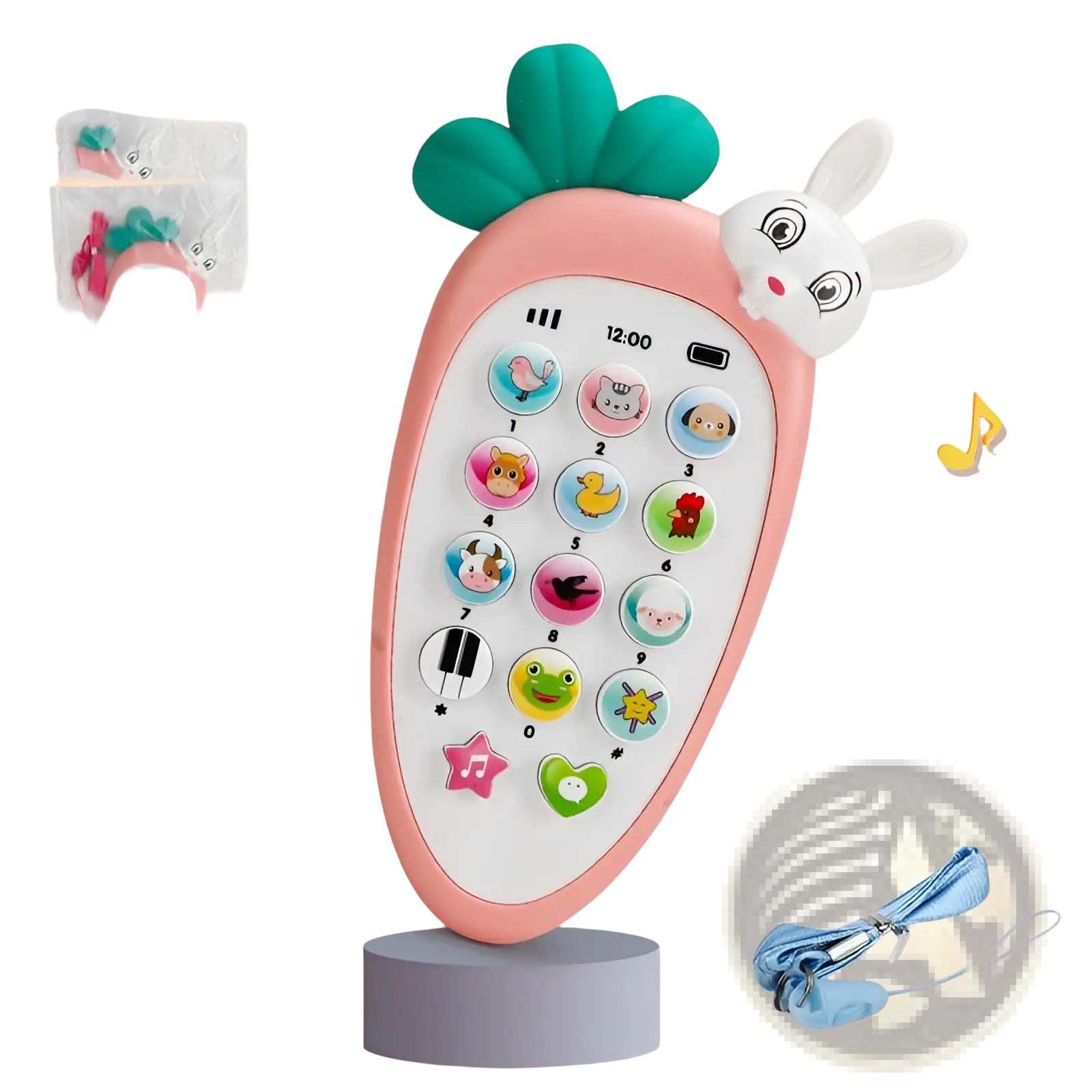 Pink carrot-shaped baby toy phone with green leafy top white bunny face and colorful animal-themed buttons for education