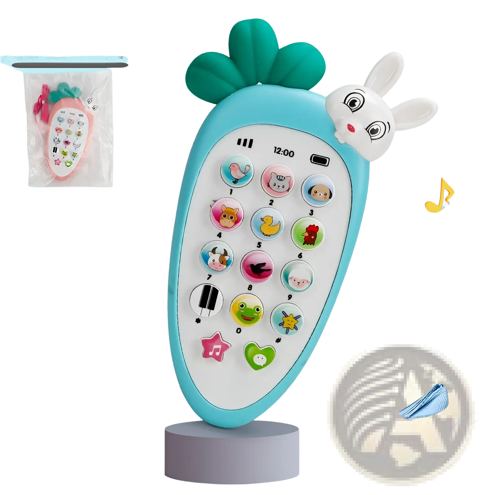 Turquoise carrot-shaped baby toy phone with white bunny face and colorful animal buttons educational music toy