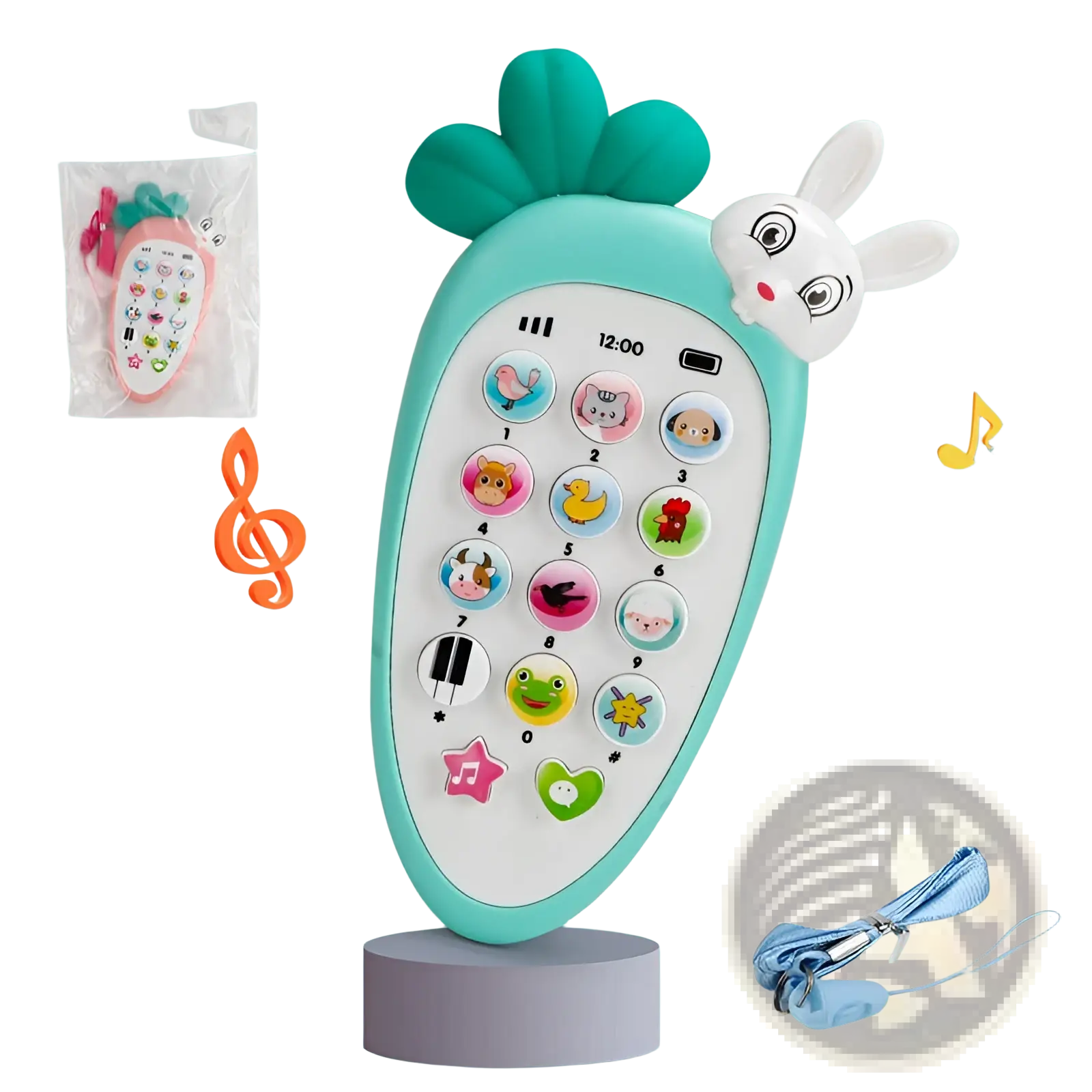 Turquoise carrot-shaped baby toy phone with white bunny face and colorful animal-themed buttons for educational play