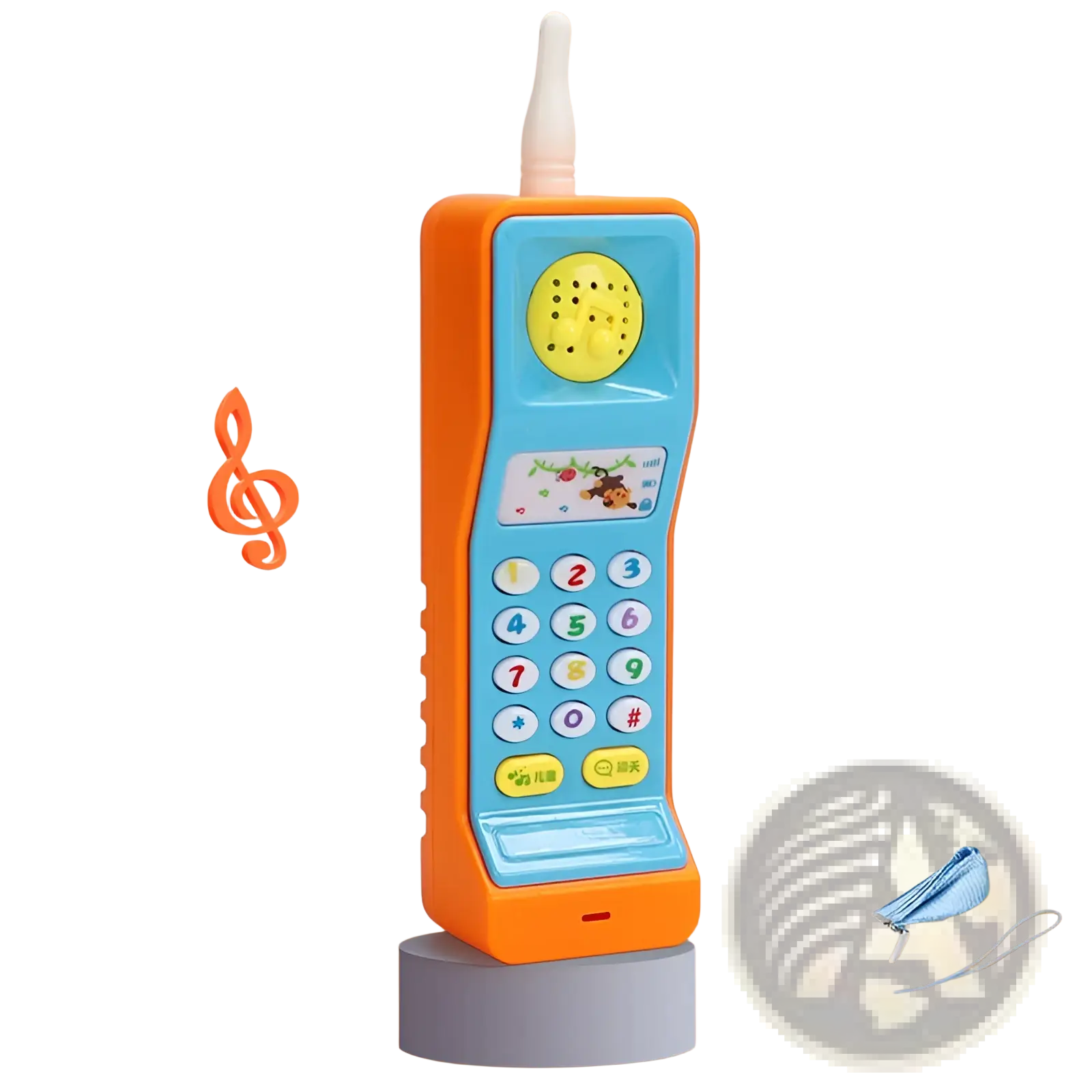 Bright orange and light blue plastic baby toy phone carrot shape with yellow speaker colorful number buttons and antenna