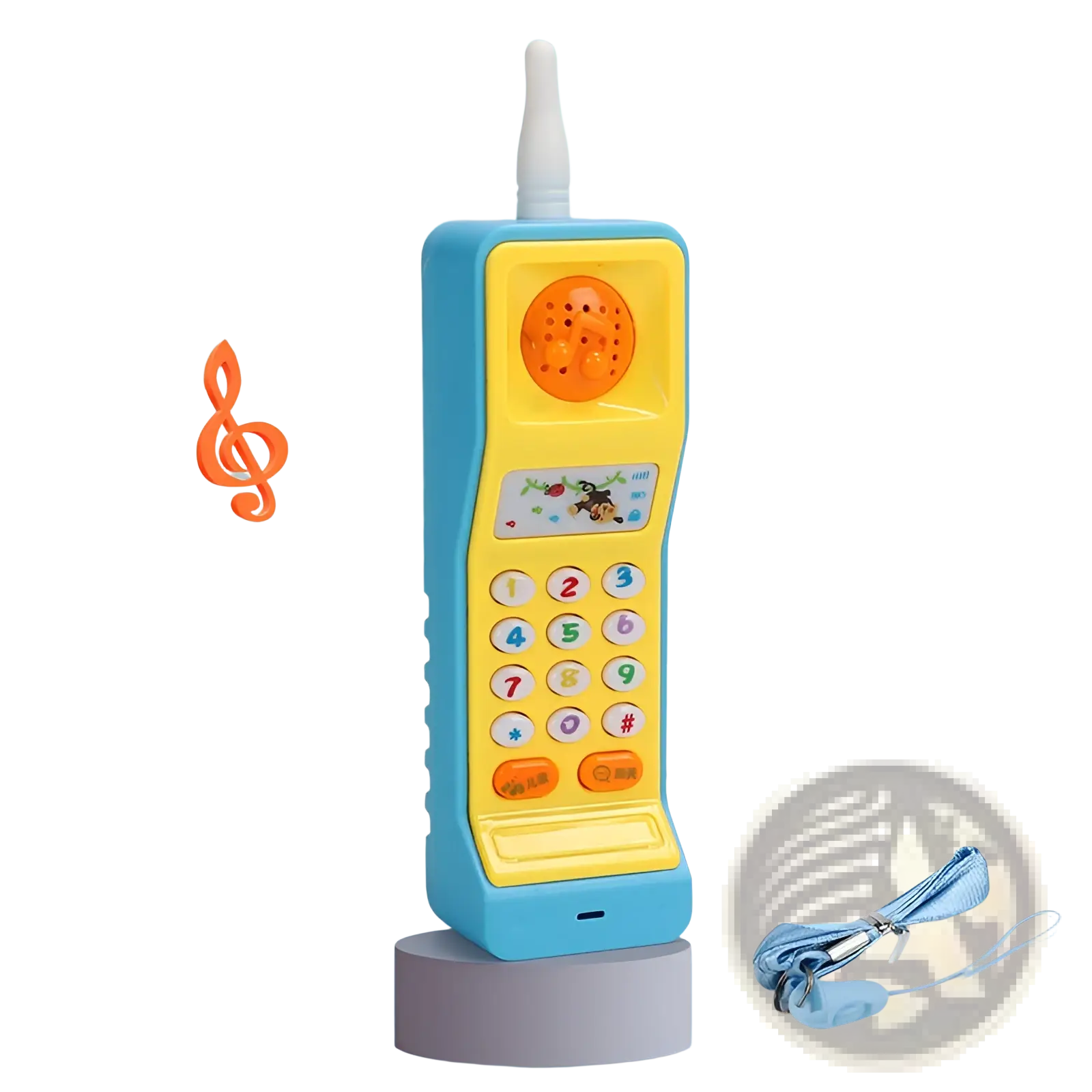 A colorful plastic baby toy phone carrot shape with blue body yellow keypad and orange speaker for educational music