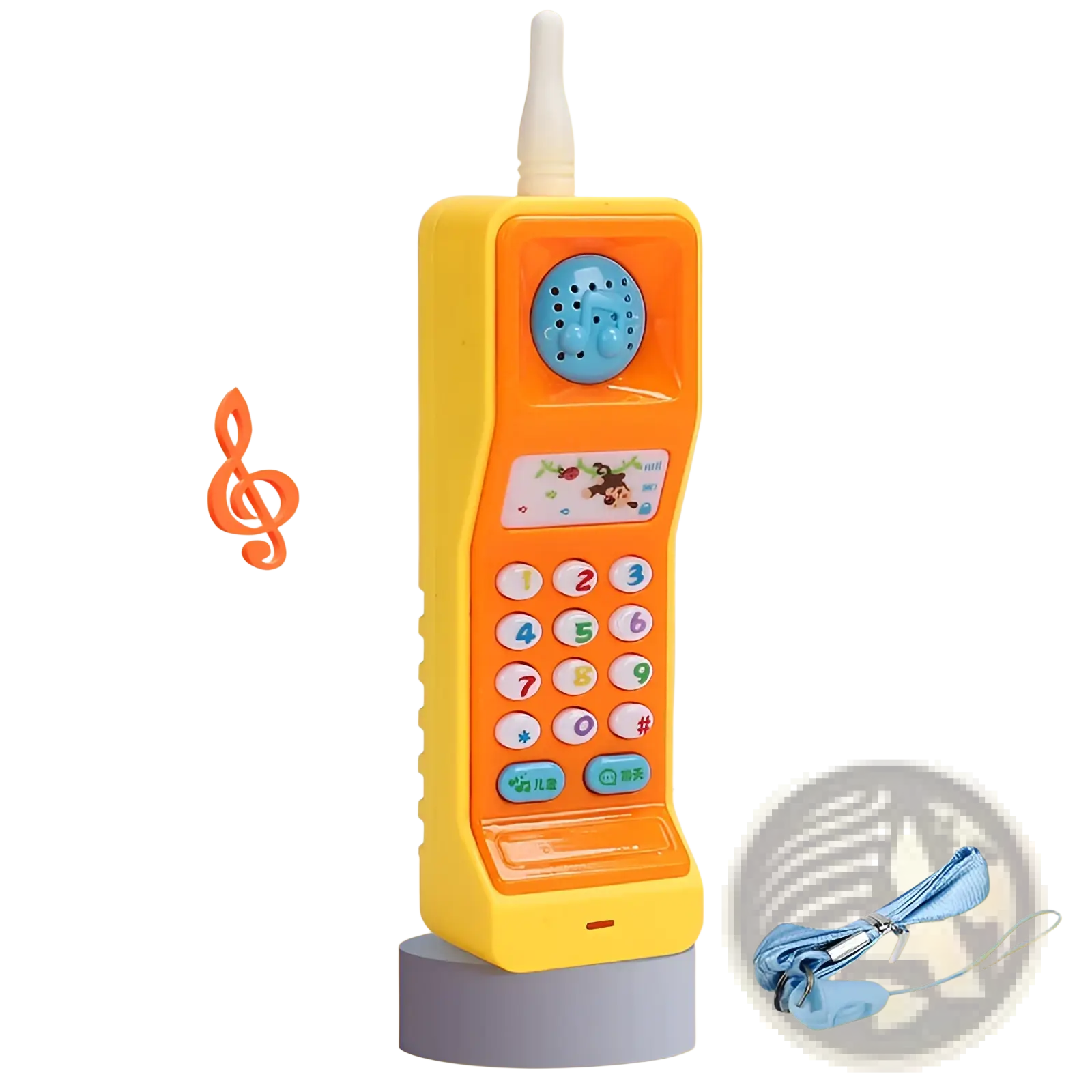 Bright orange plastic baby toy phone carrot shape with blue speaker colorful number buttons and white antenna